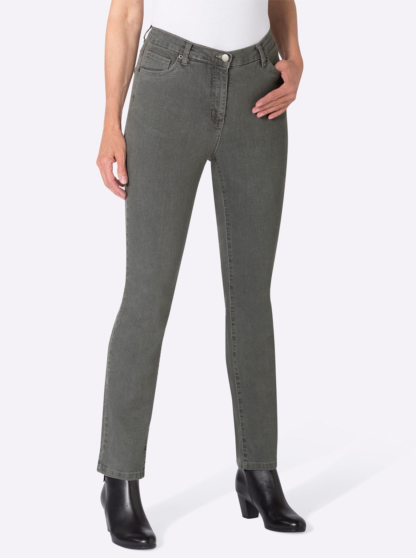 5-Pocket-Jeans CLASSIC BASICS, Damen, Gr. 21, Kurzgrößen, grau (grau, denim), 81% Baumwolle, 17% Polyester, 2% Elasthan, unifarben, lang, Jeans 5-Pocket-Jeans