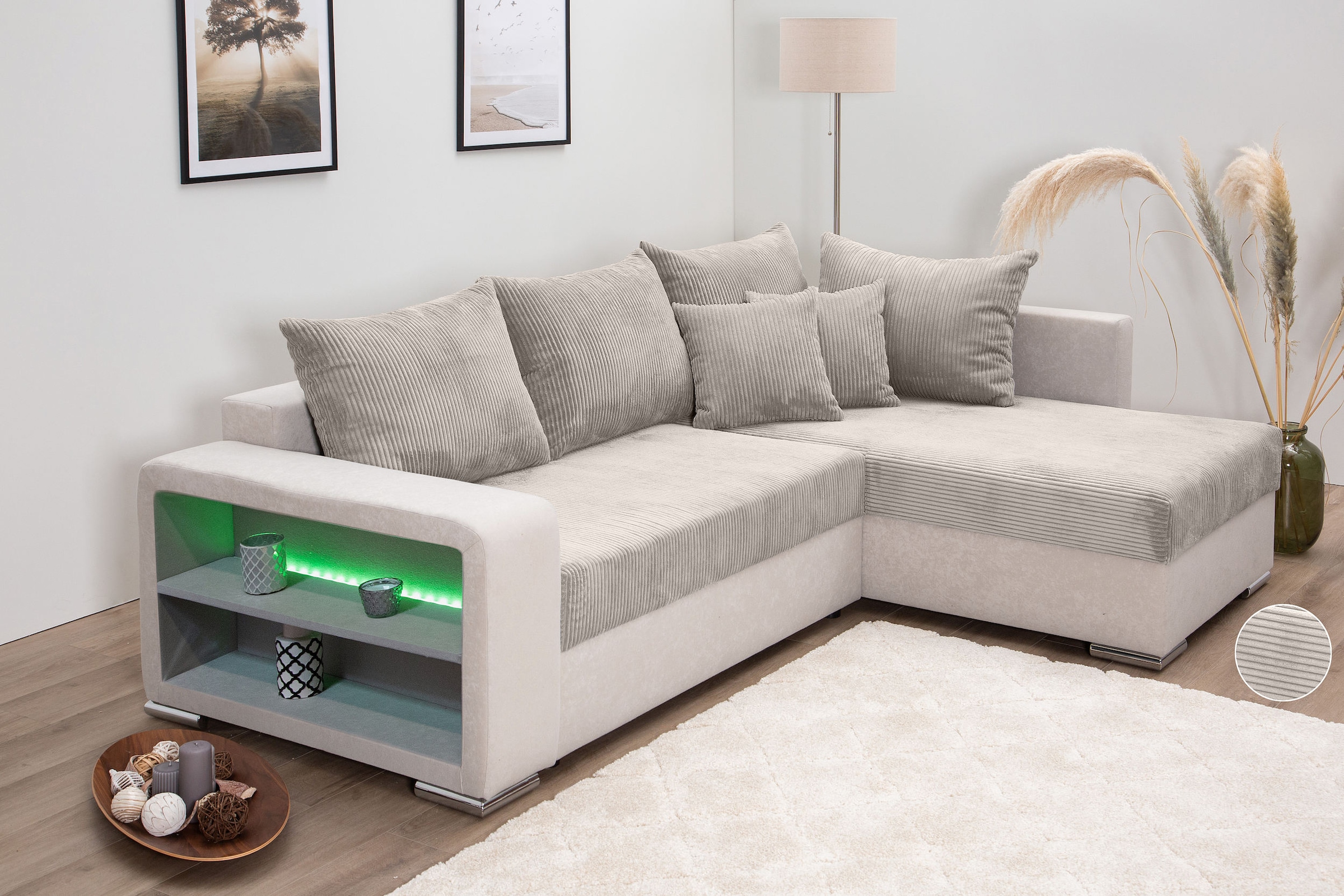 Ecksofa »L-Form«, Regalarmlehne mit LED RGB Beleuchtung,Bettfunktion und Bettkasten