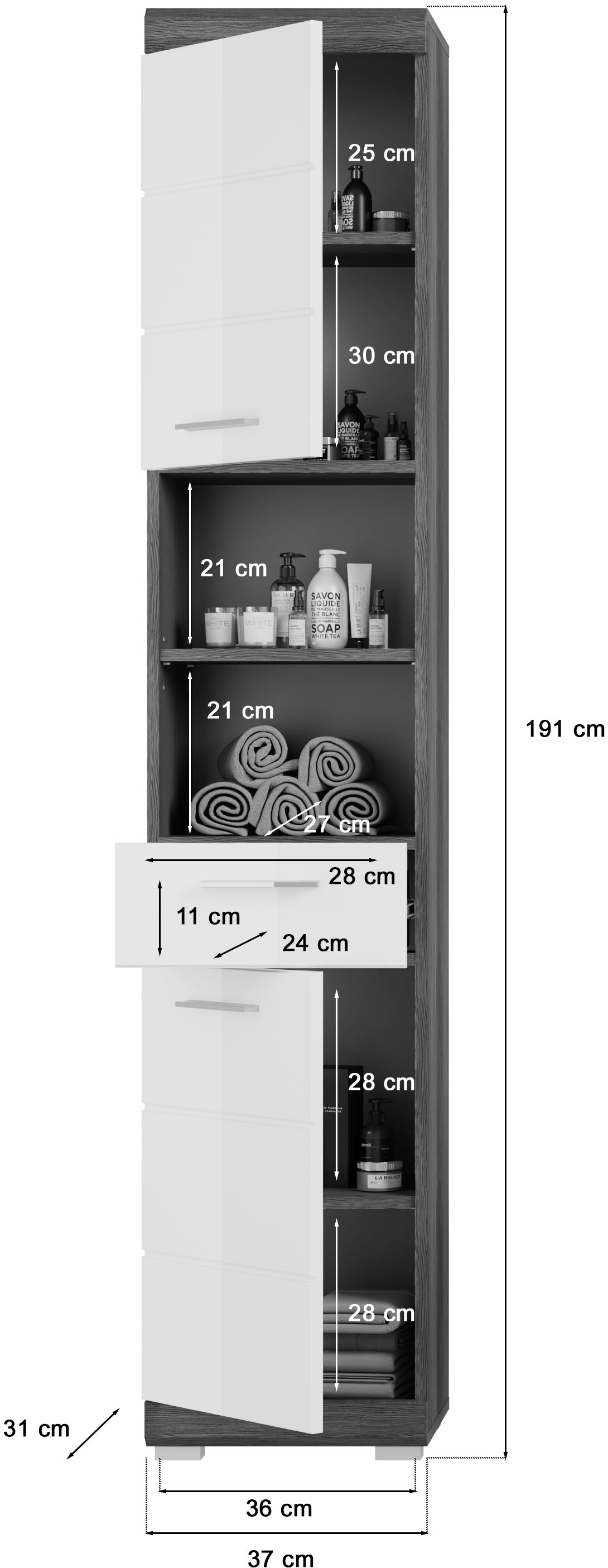 INOSIGN Badmöbel-Set »Siena, 4 teilig, bestehend aus:«, (Set, 4 St.), Hochschrank, Waschbeckenunterschrank, Badspiegel, Hochschrank breit