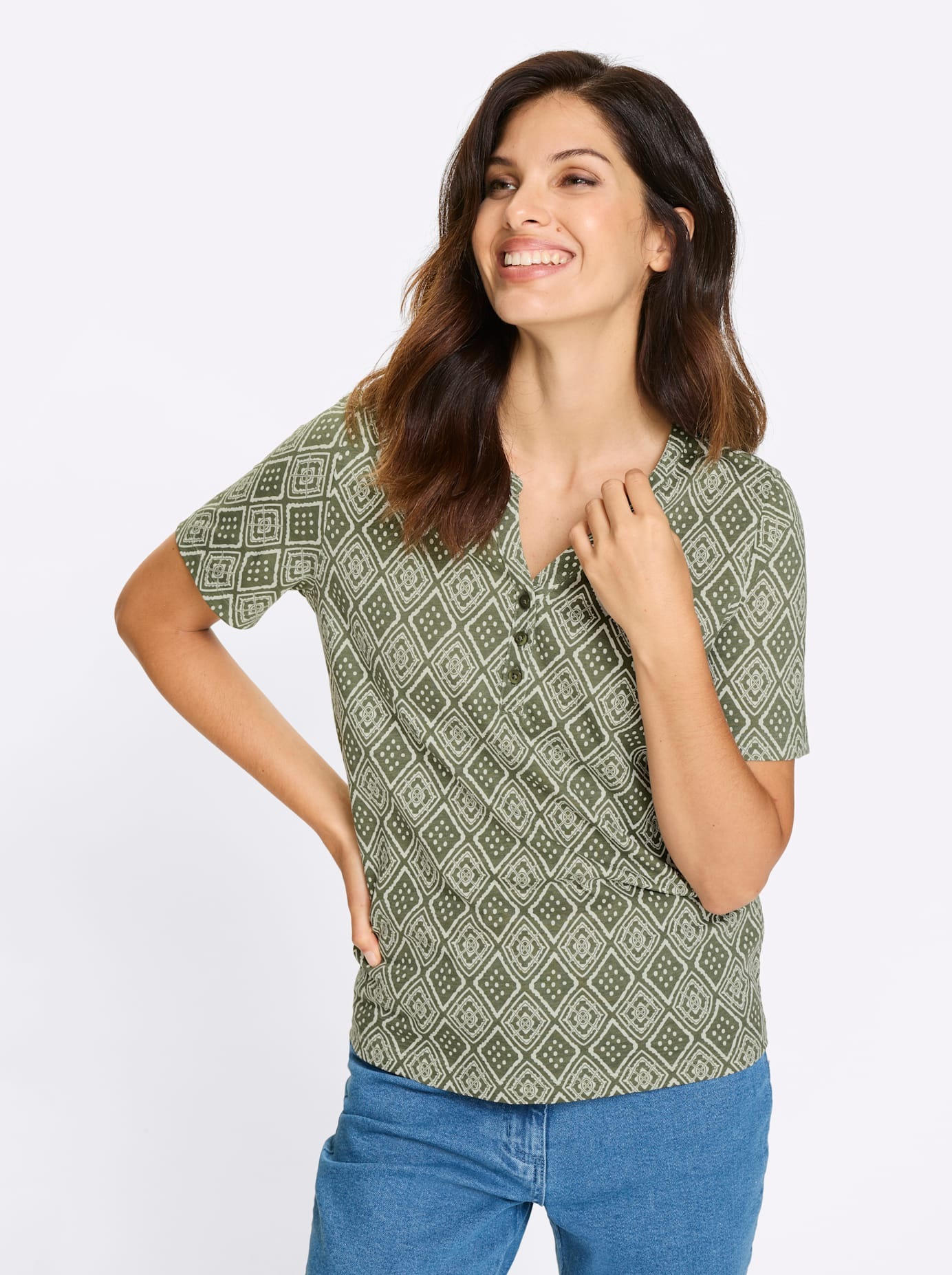 Kurzarmshirt CLASSIC BASICS "Kurzarm-Shirt", Damen, Gr. 56, khaki, ecru, bedruckt, 100% Baumwolle, ethno, gemustert, mehrfarbig, Rundhals, Shirts