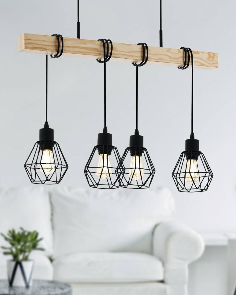 EGLO Hängeleuchte »TOWNSHEND 5«, 4 flammig, Leuchtmittel E27 | ohne Leuchtmittel, Vintage Pendellampe, Hängelampe, Schwarz, braun, FSC zertifiziert, E27
