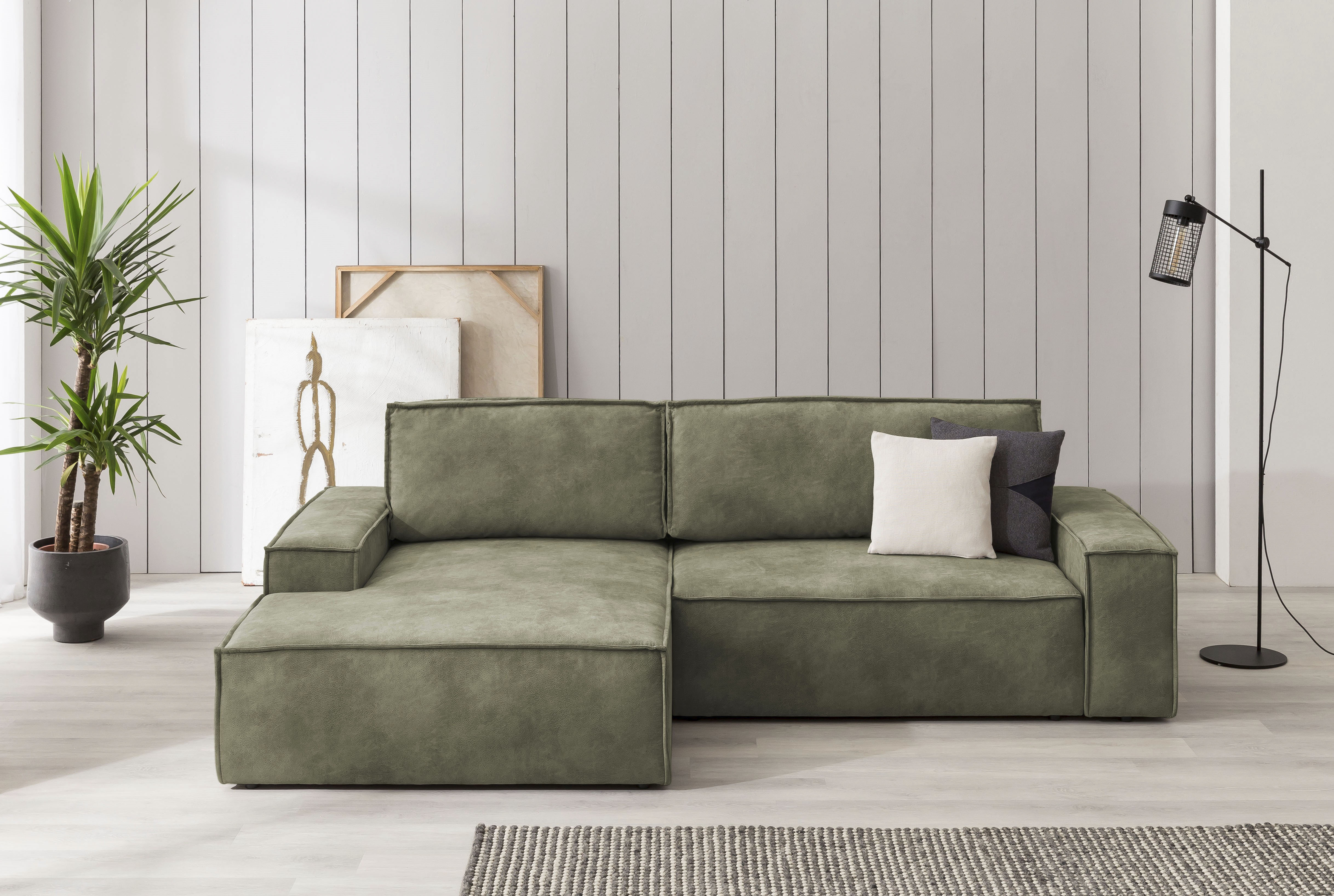 OTTO home Ecksofa "SHERWOOD Vintage Lederoptik L-Form, 267 cm" Schlaffunktion mit Bettkasten (210x136 cm), Cord, Vintage, Samtvelours