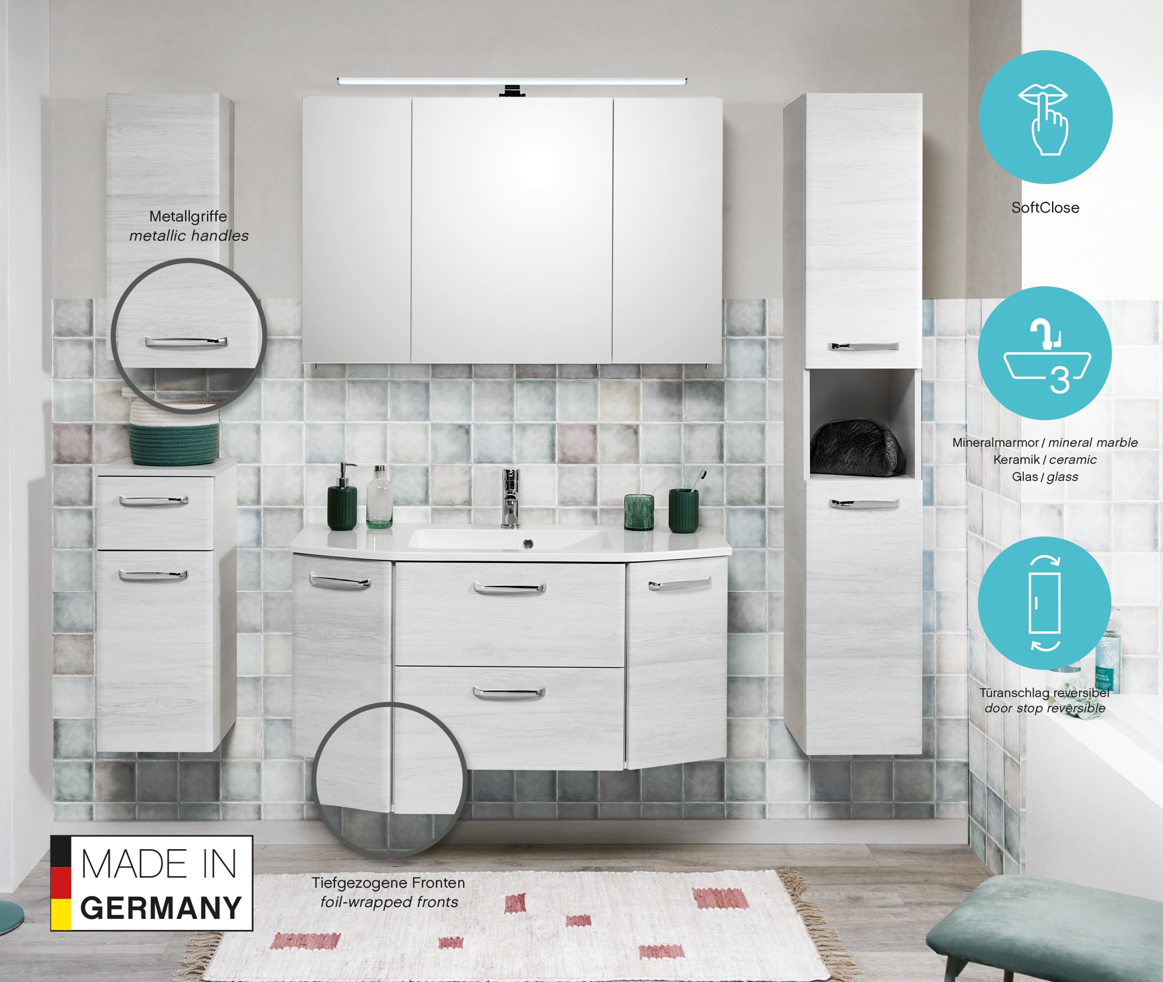 Saphir Hochschrank »Quickset Badschrank 30 cm breit, 2 Türen, 1 Nische, 3 Einlegeböden« Badezimmer-Hochschrank inkl. Türdämpfer, Griffe in Chrom glänzend