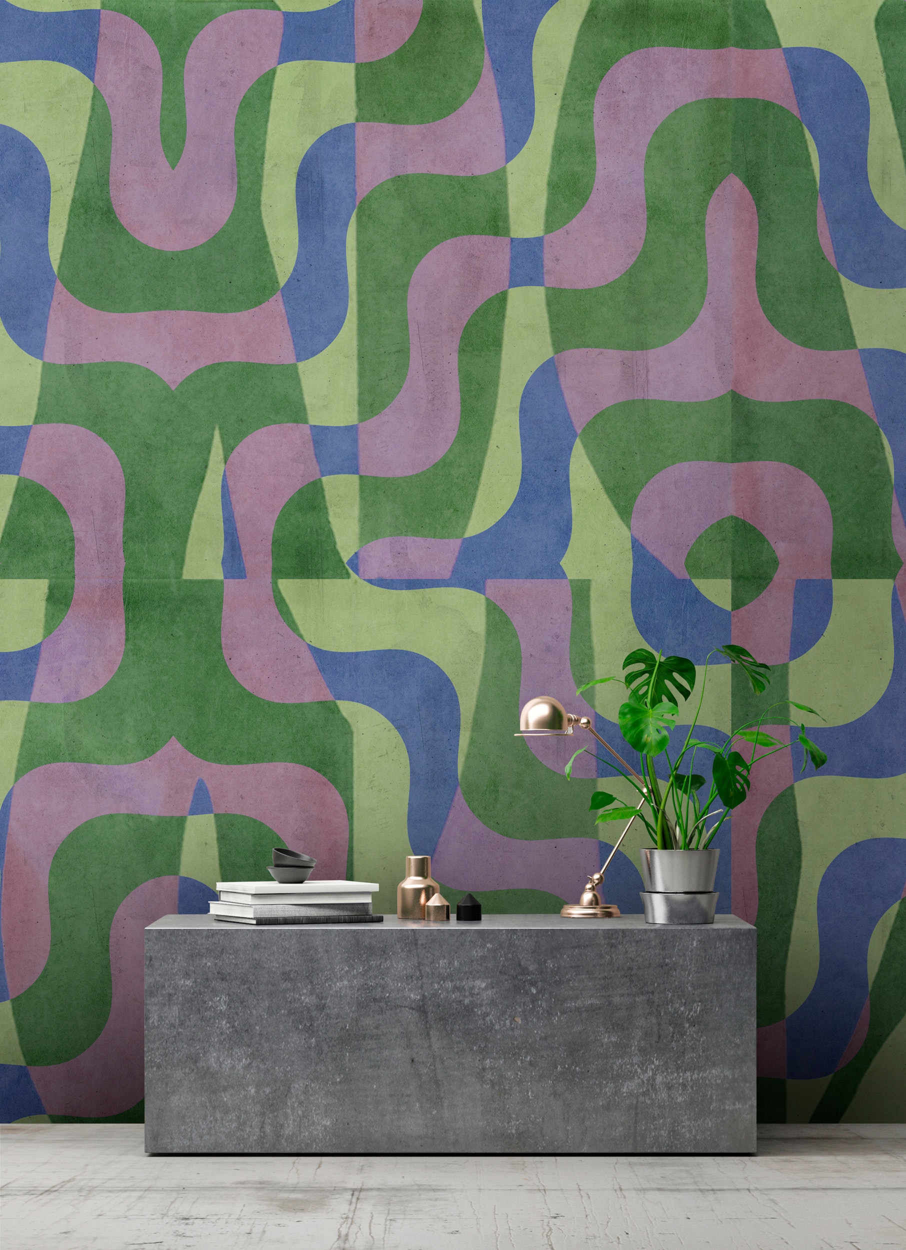 living walls Vliestapete "Psychedelische Retro-Tapete Grün Lila Blau 70er" matt glatt