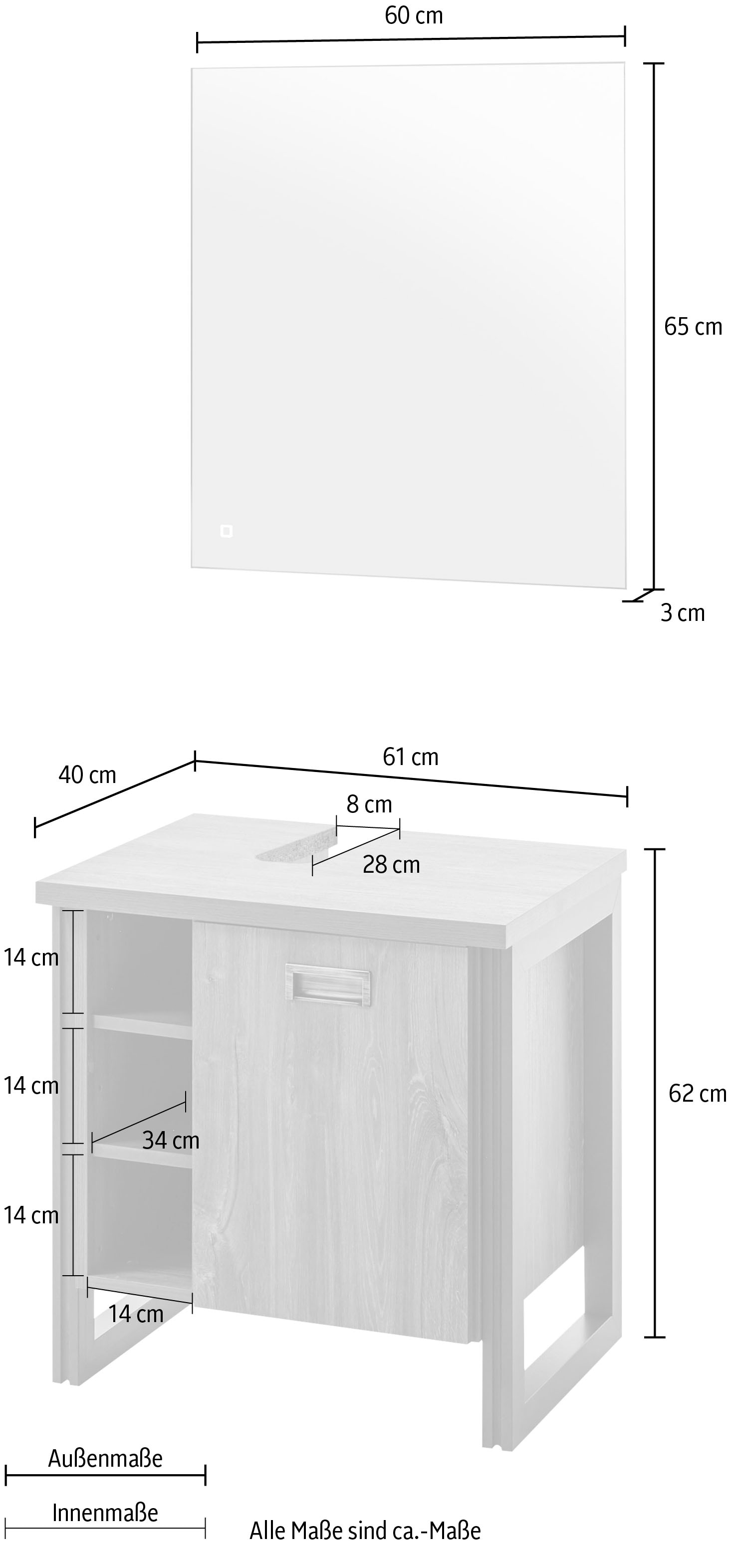 Home affaire Badmöbel-Set »Detroit, Bad im Industrialdesign, inkl. LED, 2-teiliges Badezimmer«, (2 St.), Waschbeckenunterschrank und Spiegel, holzfarben, mit offenen Fächern