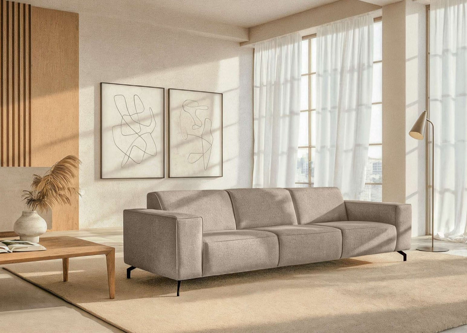 Home affaire 3-Sitzer "Lorcan 257 cm, weiches Sitzgefühl" mit schwarzen Metallfüßen, Lederoptik und in weichem Strukturstoff