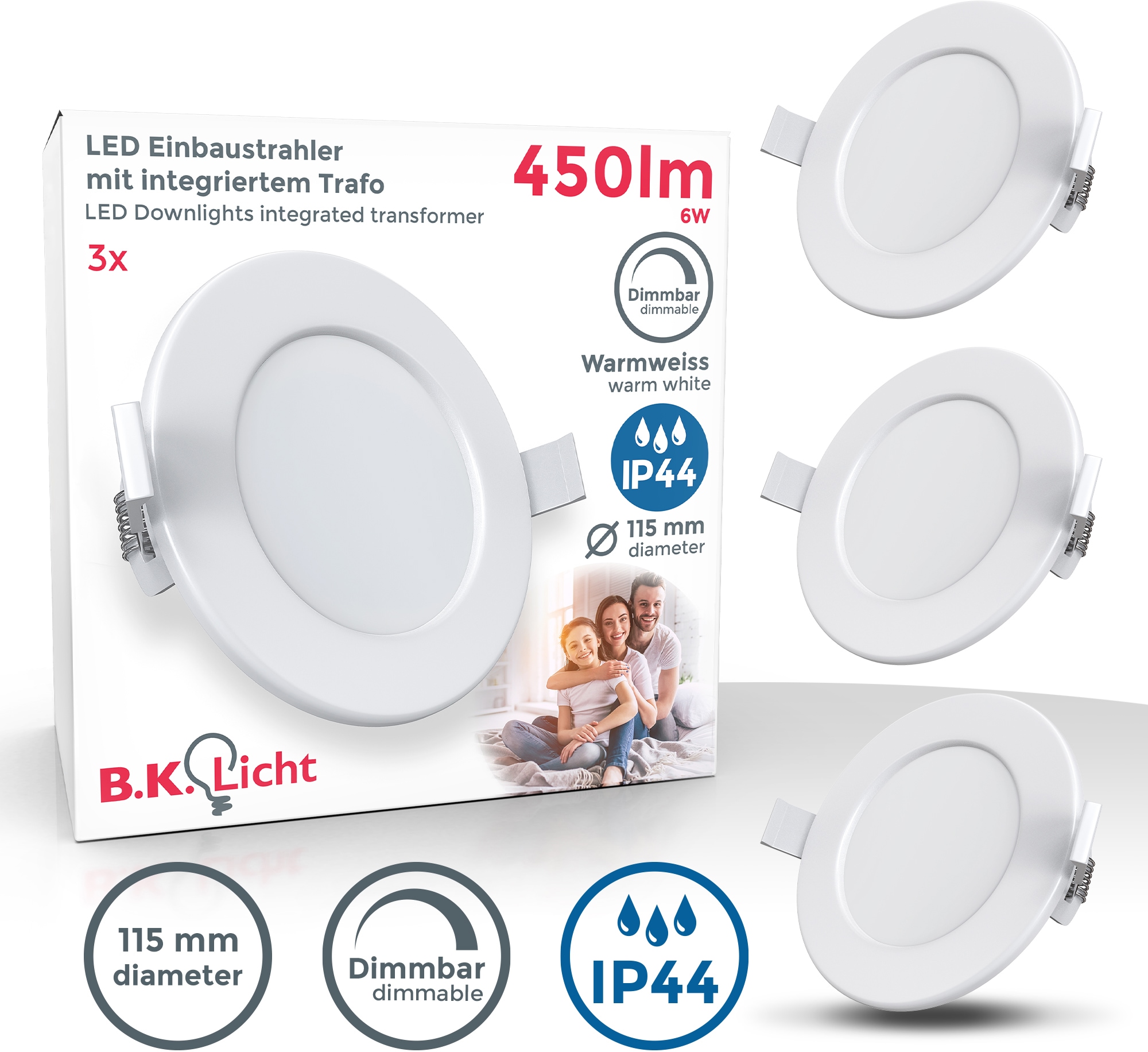 B.K.Licht LED Einbaustrahler, Leuchtmittel LED-Modul | LED fest integriert, Einbauspots, Bad, Einbauleuchten, weiß, dimmbar, Deckenspots, IP44