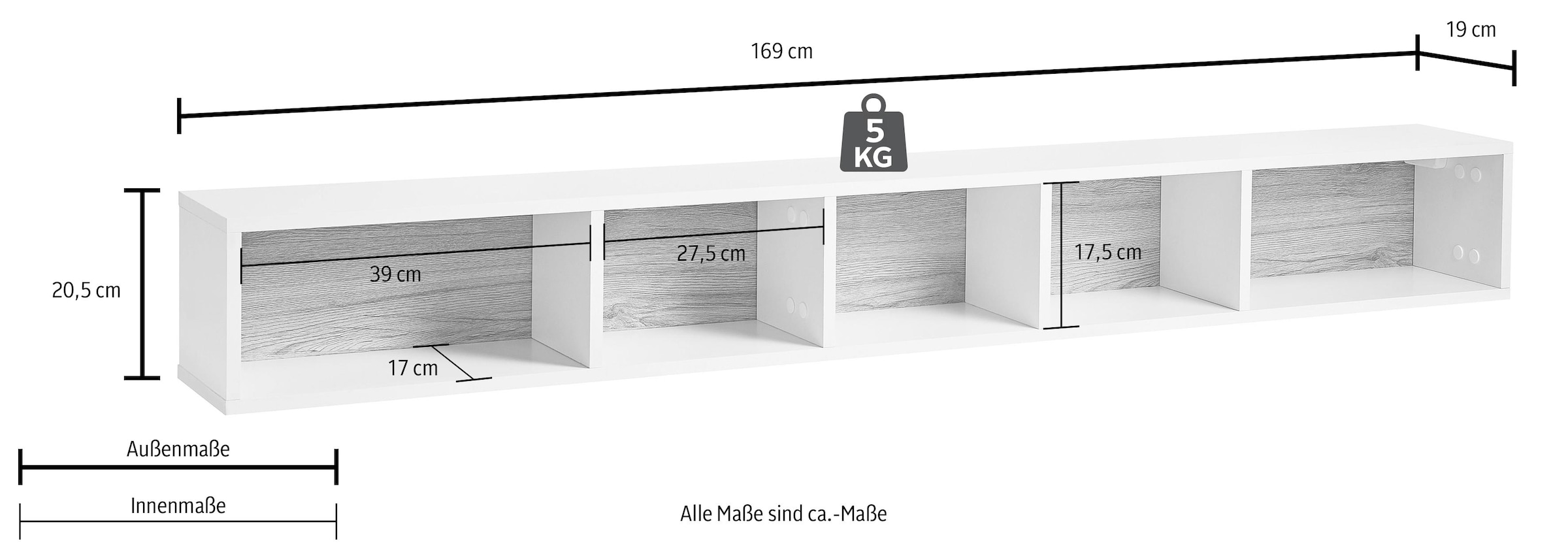 INOSIGN Wandregal »Toledo,Breite 169 cm stilvolle Deko-Wandregal«, Wandregal mit 5 Fächern, viel Stauraum, Masse 169/20,5/19 (B/H/T)