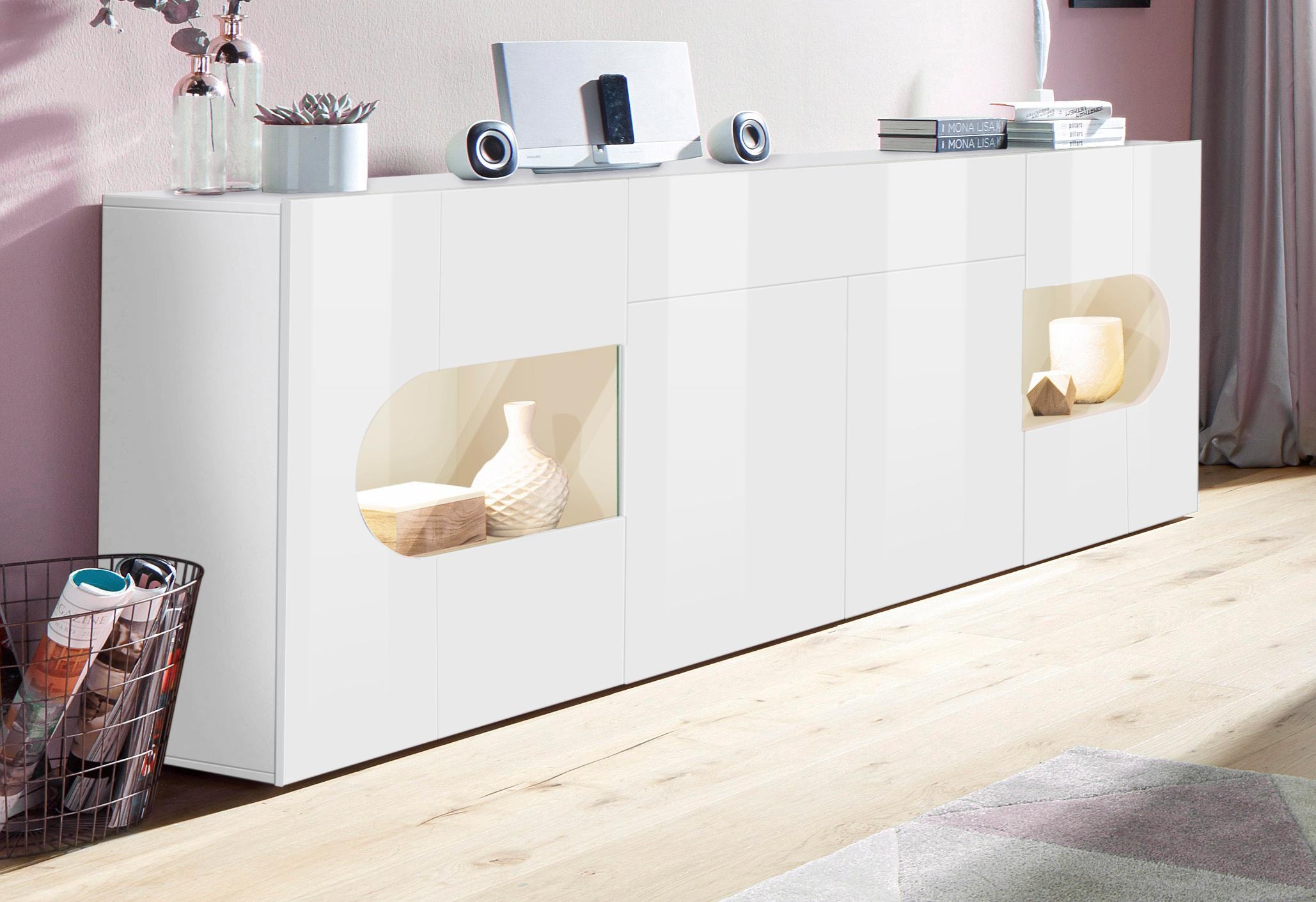 INOSIGN Sideboard »Real,Vitrine,Kommode,Schrank,komplett hochglanz lackiert«, mit 4 Türen davon 2 Glastüren und 1 Schublade ohne Griff Breite 220cm