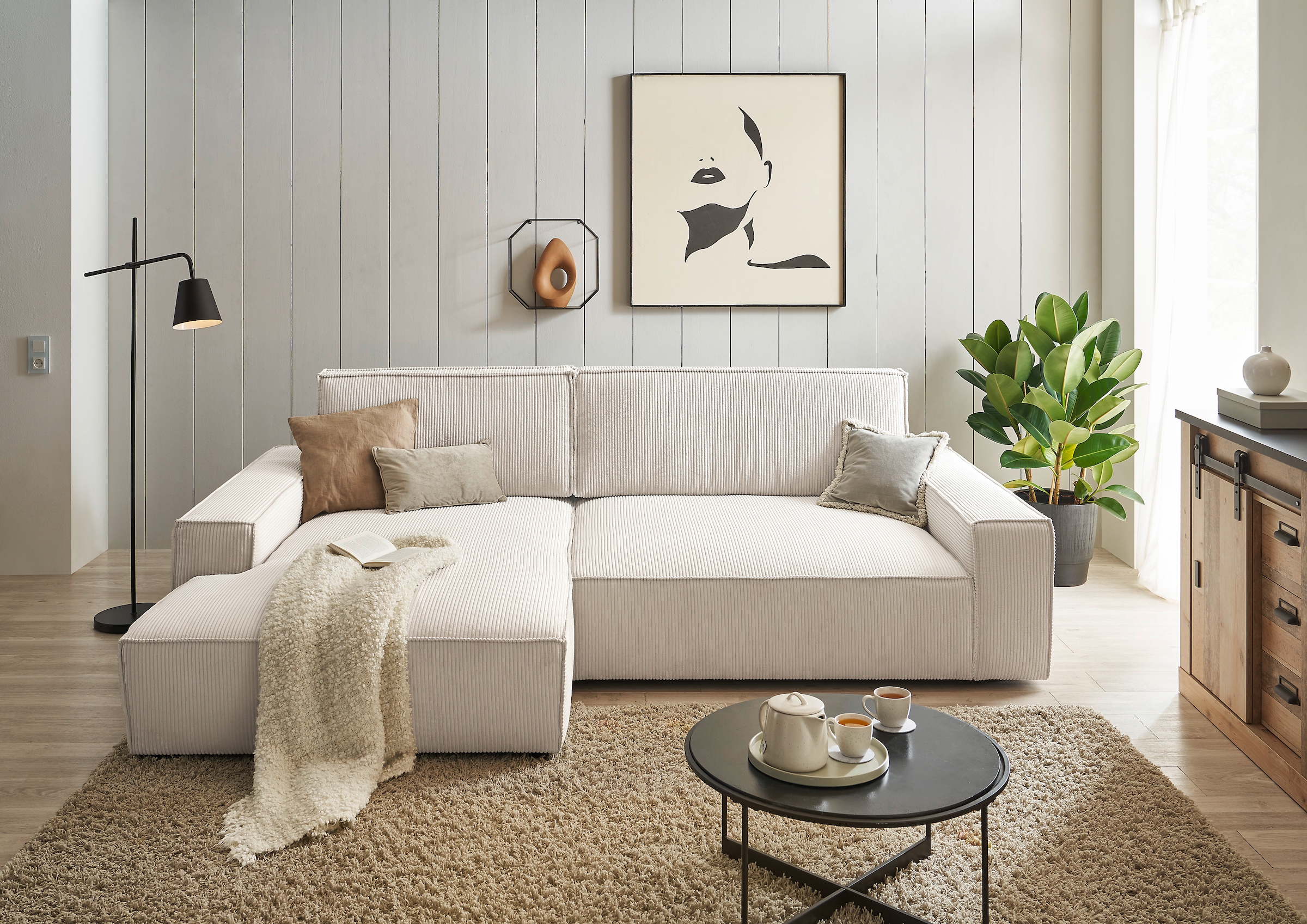 Home affaire Ecksofa »NEU: SHERWOODL XXL 284, Big-Sofa L-Form, tiefe Sitzfläche 95 cm, Cord,«, Leinenoptik, Recamiere rechts/links, auch als Schlafsofa stellbar