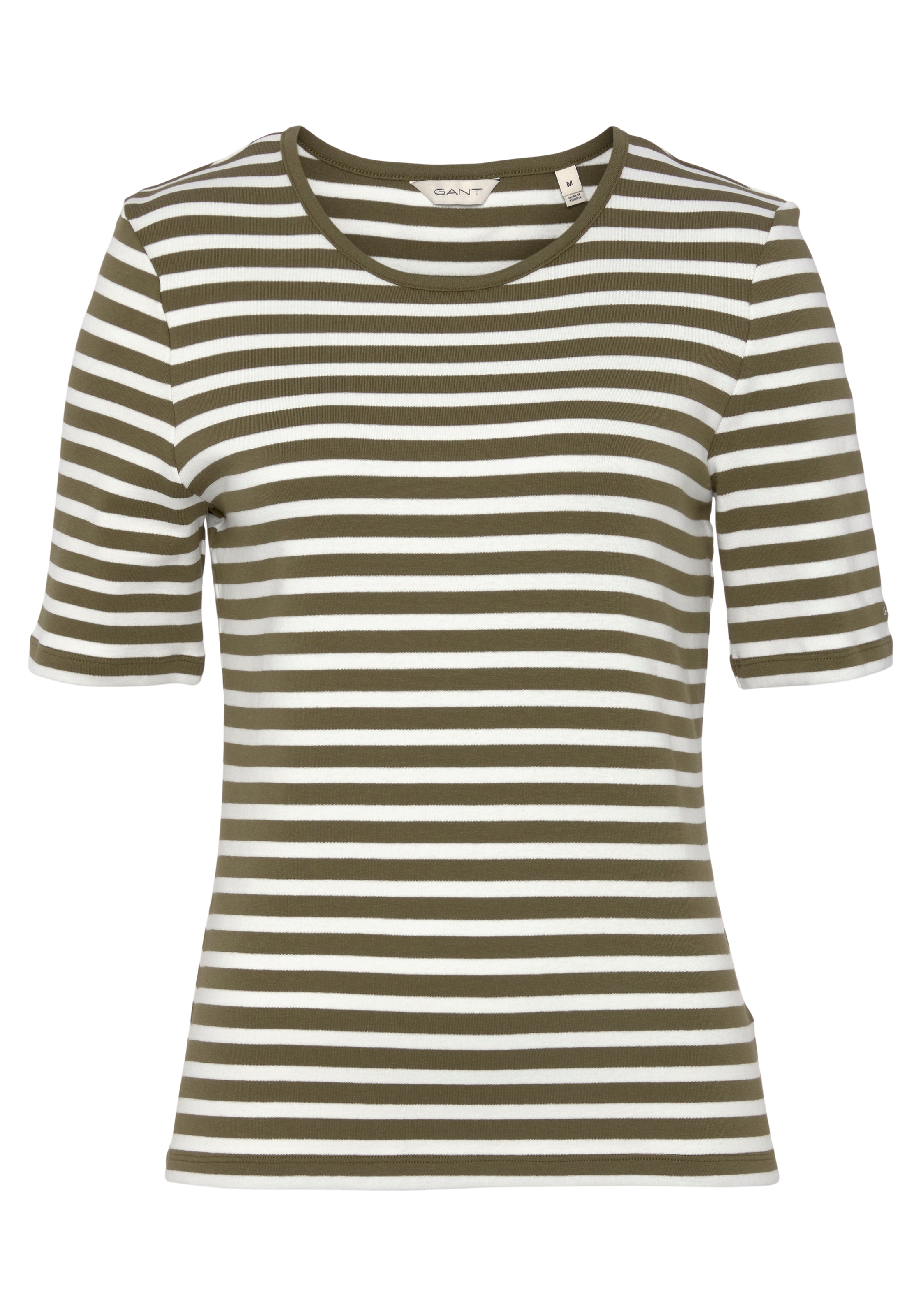 Gant T-Shirt STRIPED Ärmelabschluss Logoschriftzug | RIBBED KA BAUR mit 1X1 T-SHIRT«, dezentem für »SLIM kaufen am
