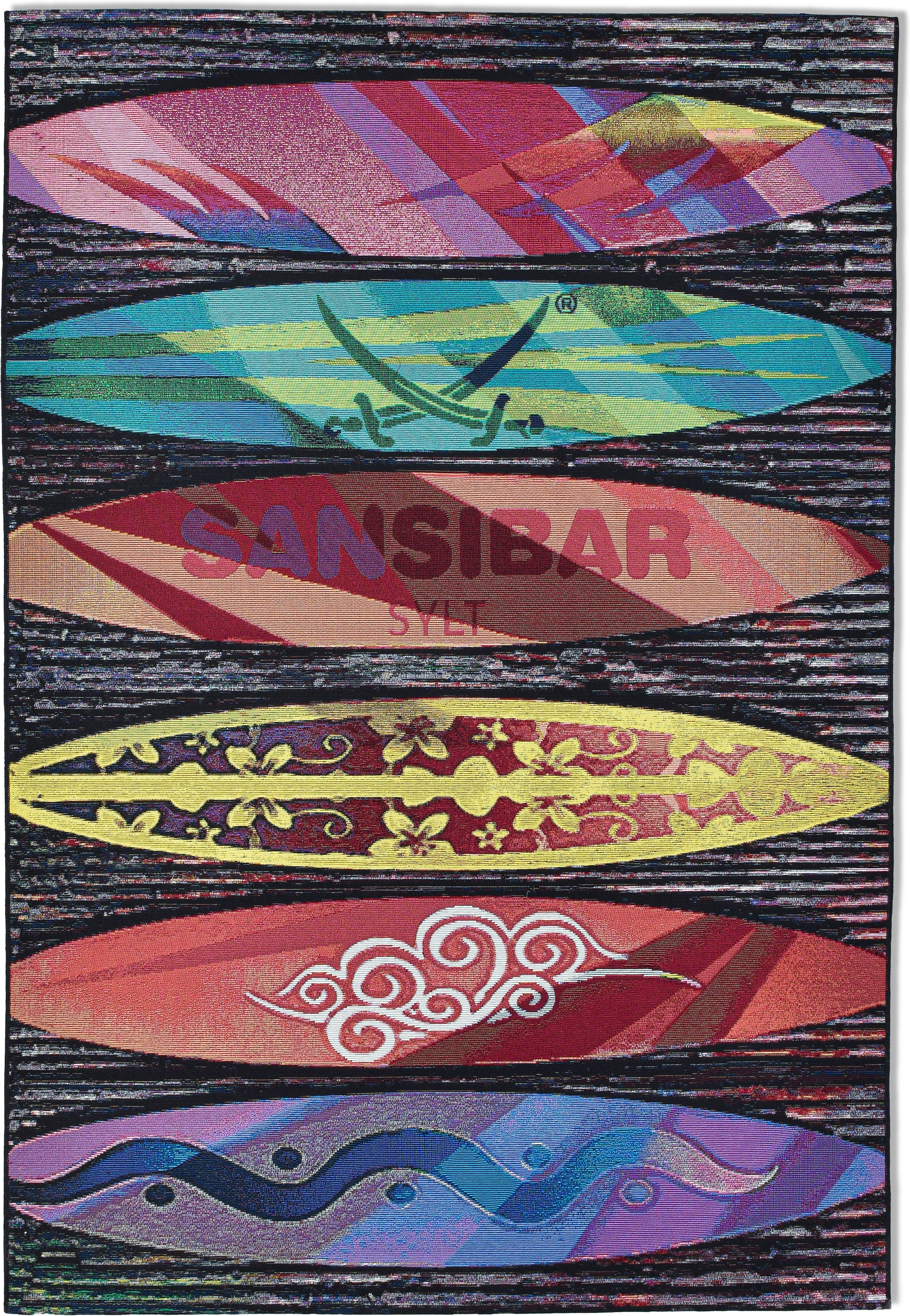 Sansibar Teppich »Rantum Beach SA-016« rechteckig 5 mm Höhe Flachgewebe, modernes Design, Surfboards, In- und Outdoor geeignet