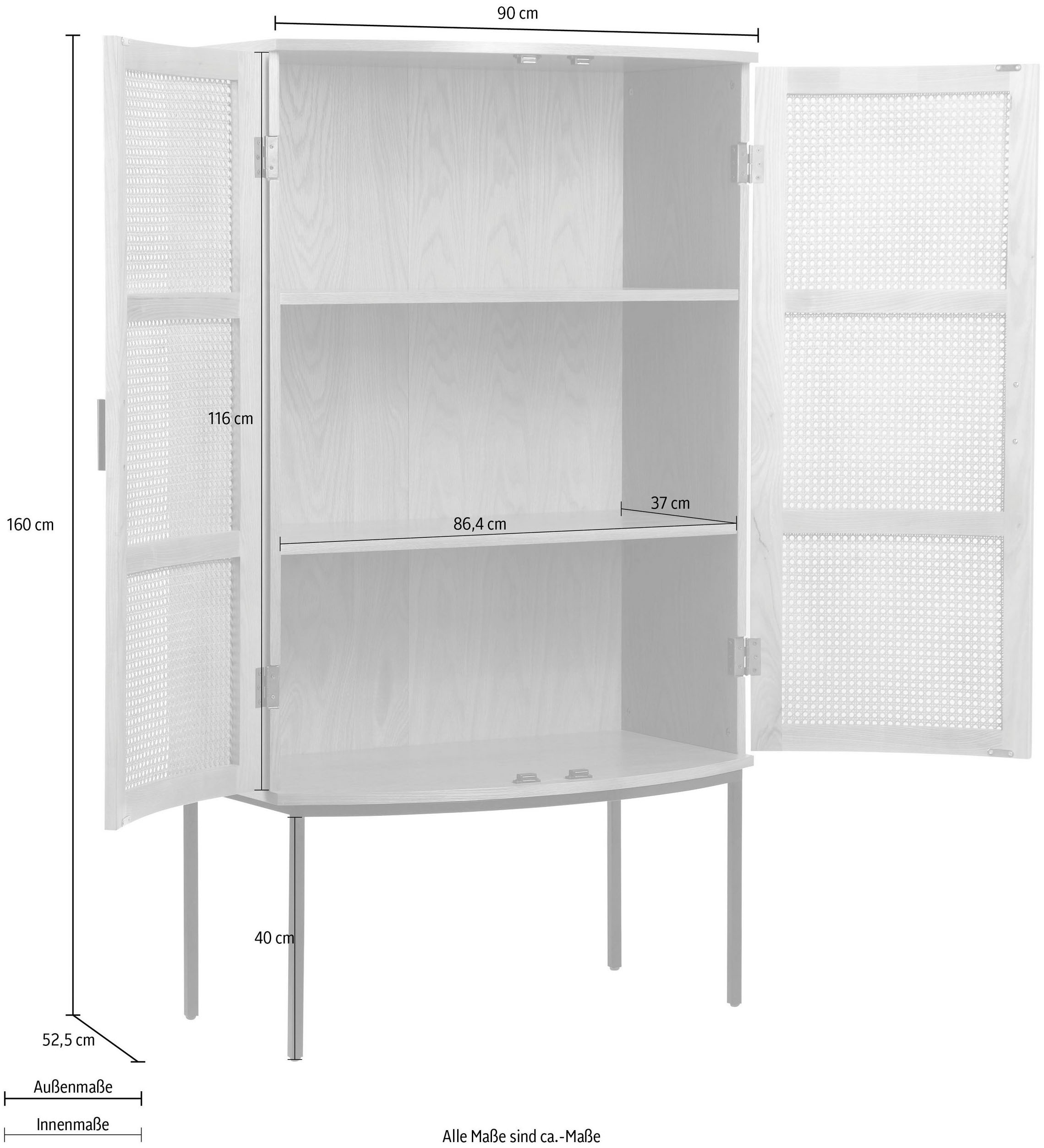 COUCH♥ Highboard »Feines Geflecht«, Mit Rattan-Geflecht Einsatz, abgerundete Form