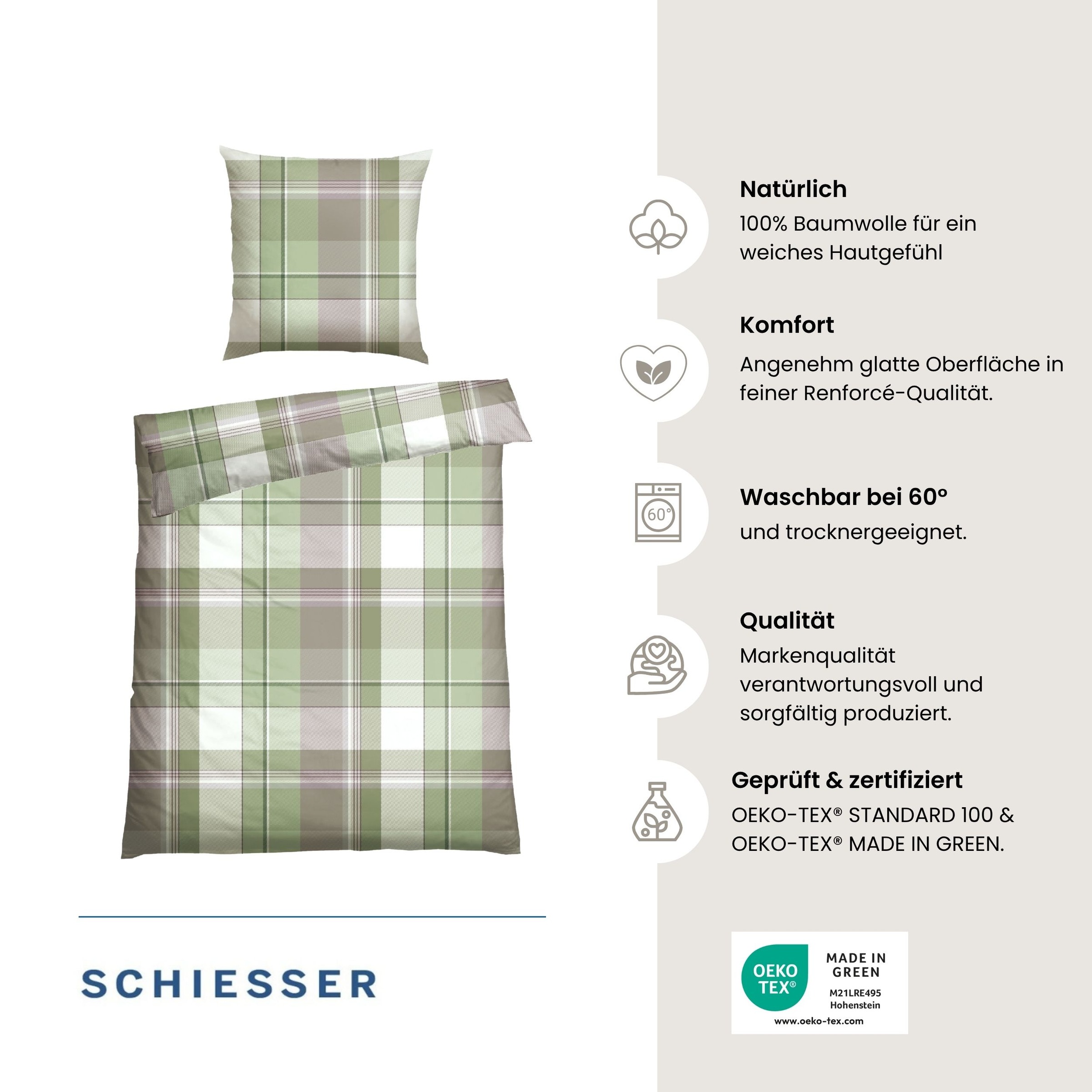 Schiesser Bettwäsche »Ate aus weicher Baumwolle mit einem klassischen Karo-Muster« 2 Stk. OEKO-TEX® MADE IN GREEN
