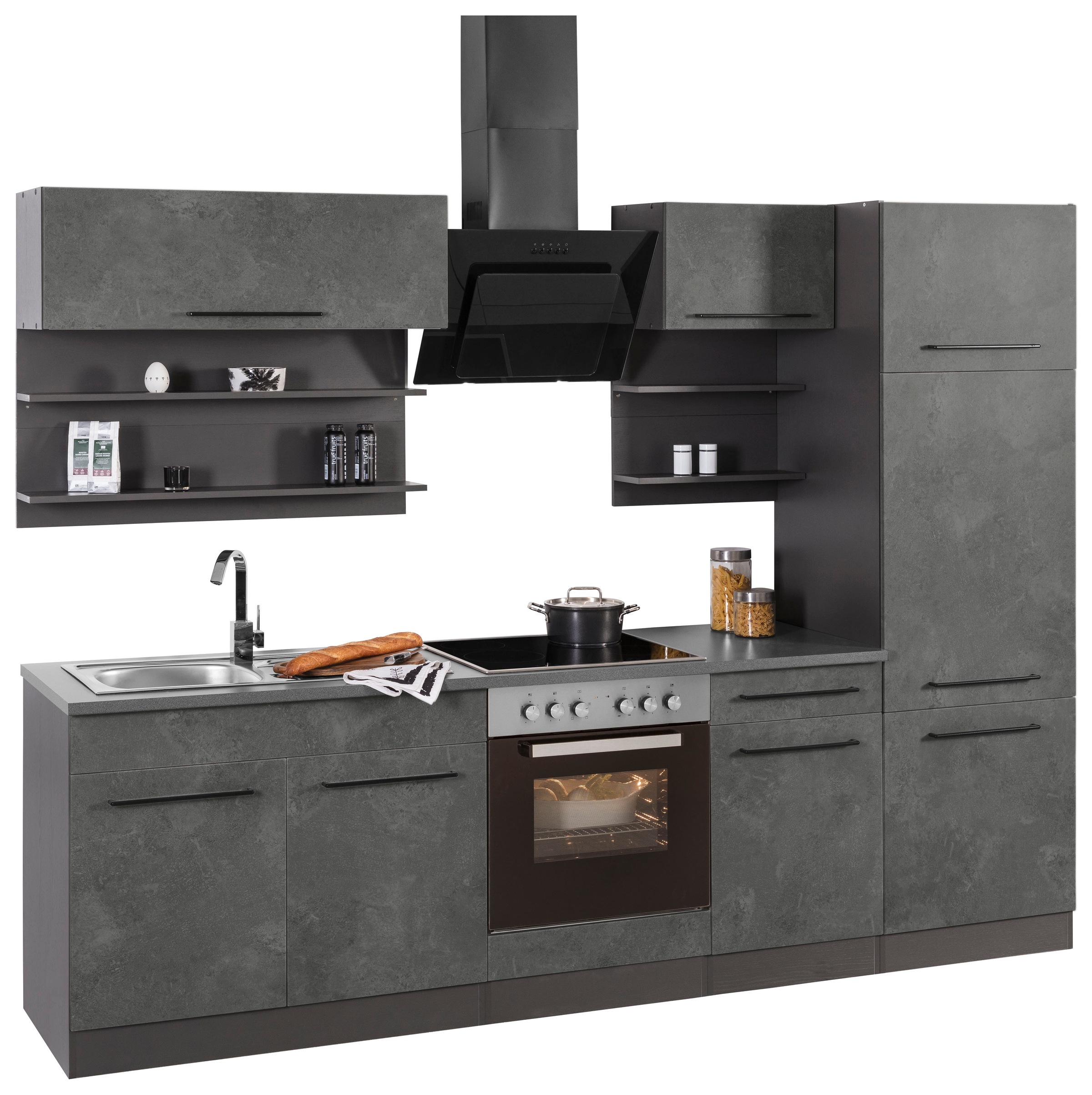 KOCHSTATION Küchenzeile »KS-Tulsa«, mit E-Geräten, Breite 270 cm, schwarze Metallgriffe, MDF Fronten
