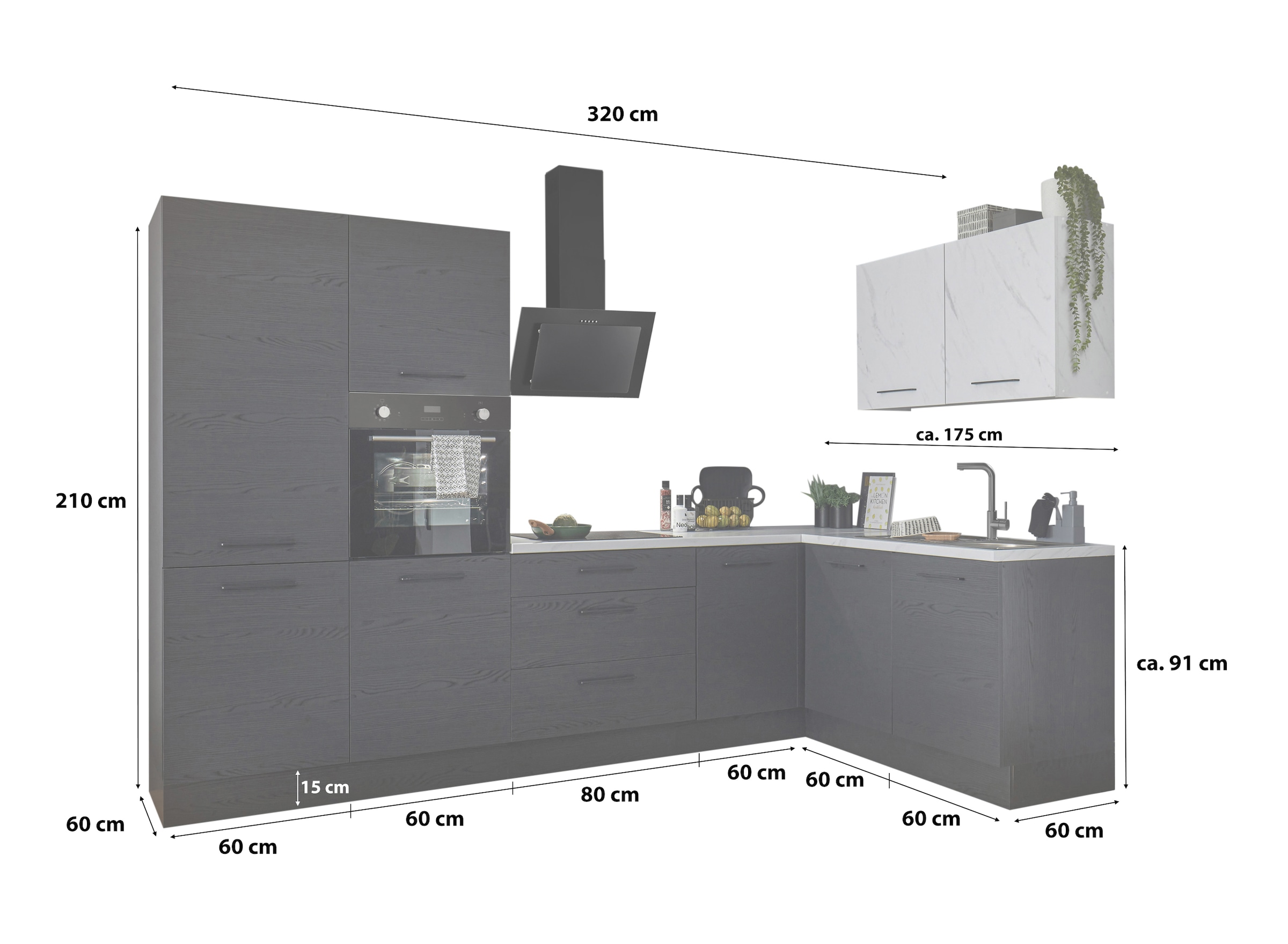 BASIC by Balculina Winkelküche »Yorki«, Stellmaße B/T 320x175/60 cm, wahlweise mit E-Geräten