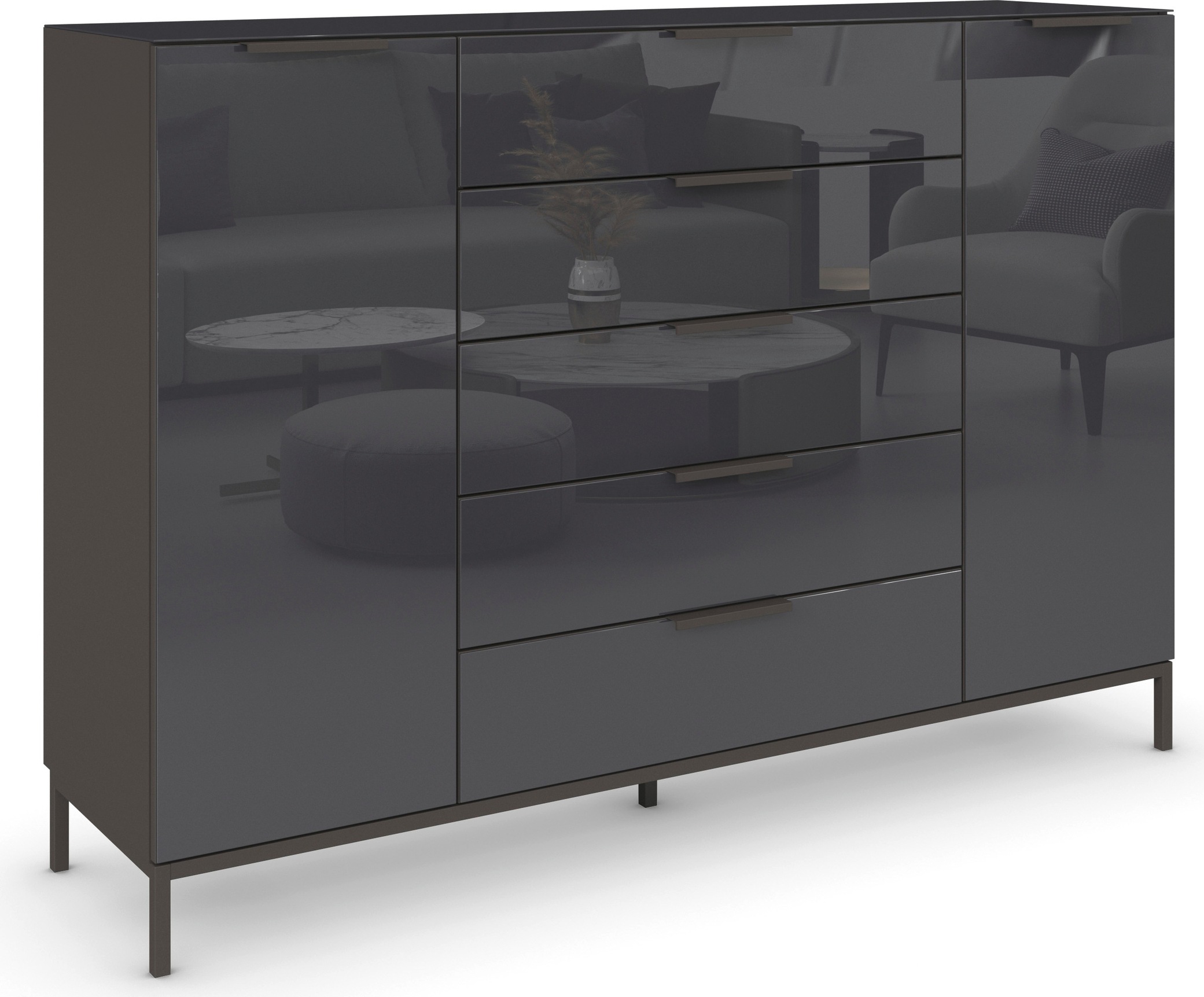 rauch "Kommode Türkommode Sideboard Kombikommode FLIPP mit Glasfront" Breite 160/180 cm mit 4 Einlegeböden, 2-türig, 5 Schubladen, Soft-Close, Oberboden und Front Glas, 2 Breiten
