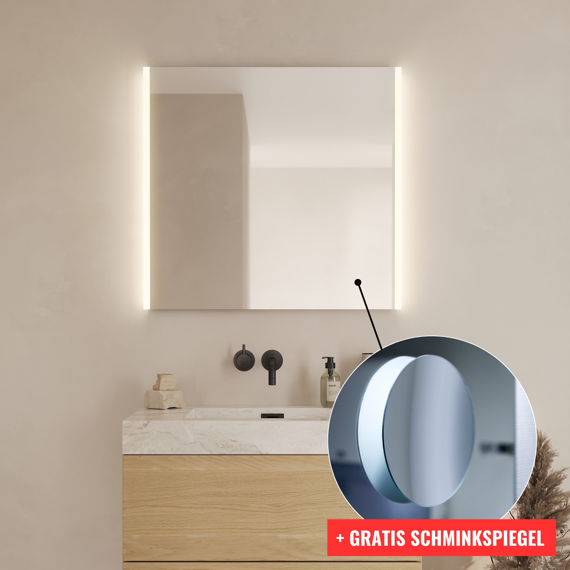Loevschall Badspiegel »Lago, Spiegel Bundle inkl. Schminkspiegel, Badezimmerspiegel«, x5 Kosmetikspiegel, LED Beleuchtung, Einstellbar, Dänisches Design