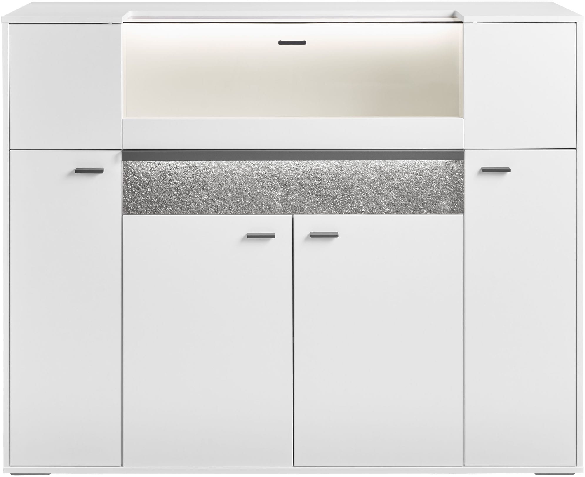 set one by Musterring Highboard »Deltona«, inklusive Beleuchtung, mit Glasklappe und Zierelement, B154 x H122 cm