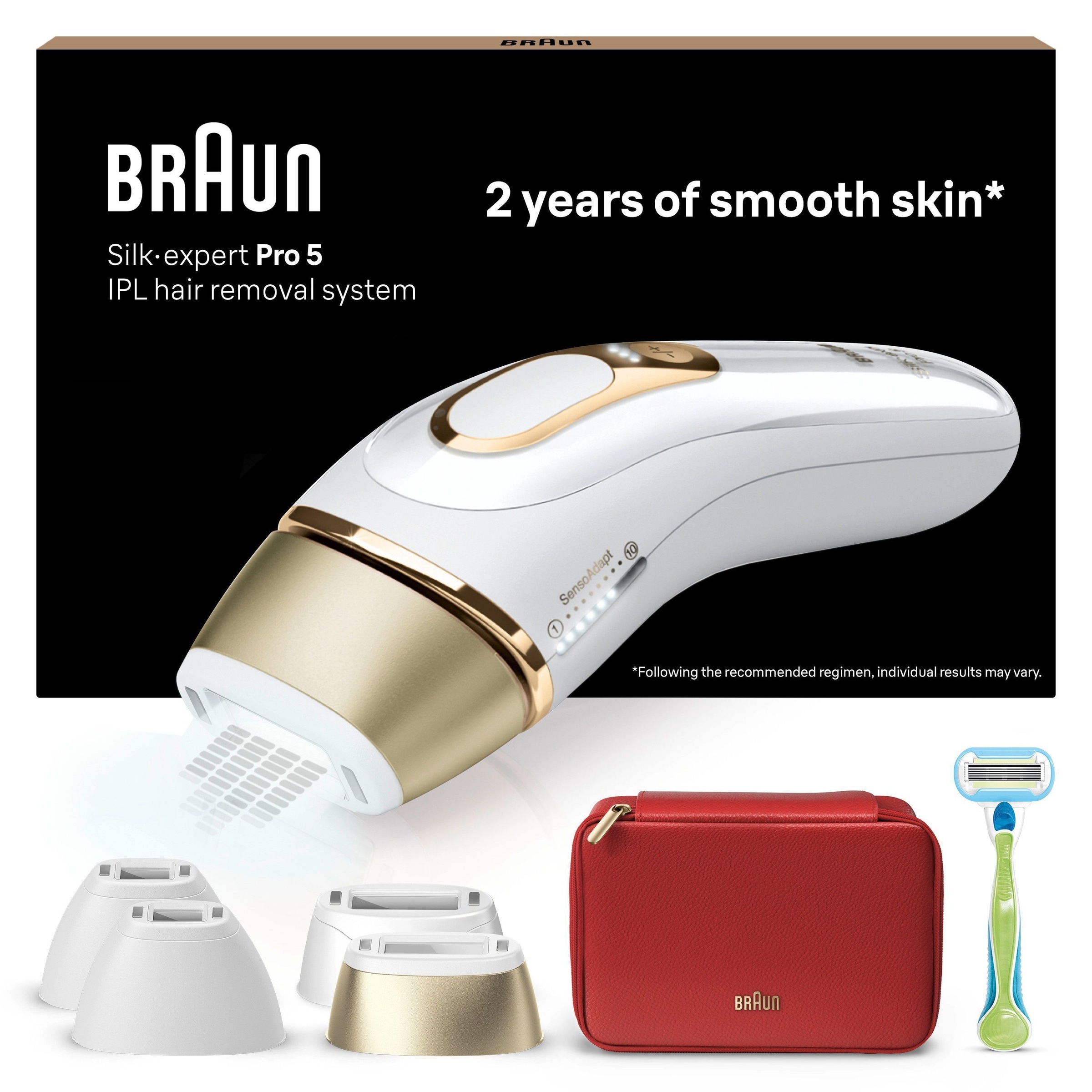 BRAUN Damen IPL-Haarentferner "Silk·expert Pro 5 PL5382", gold, IPL-Haarentferner, 4 Aufsätze, Venus Rasierer, Aufbewahrungstasche