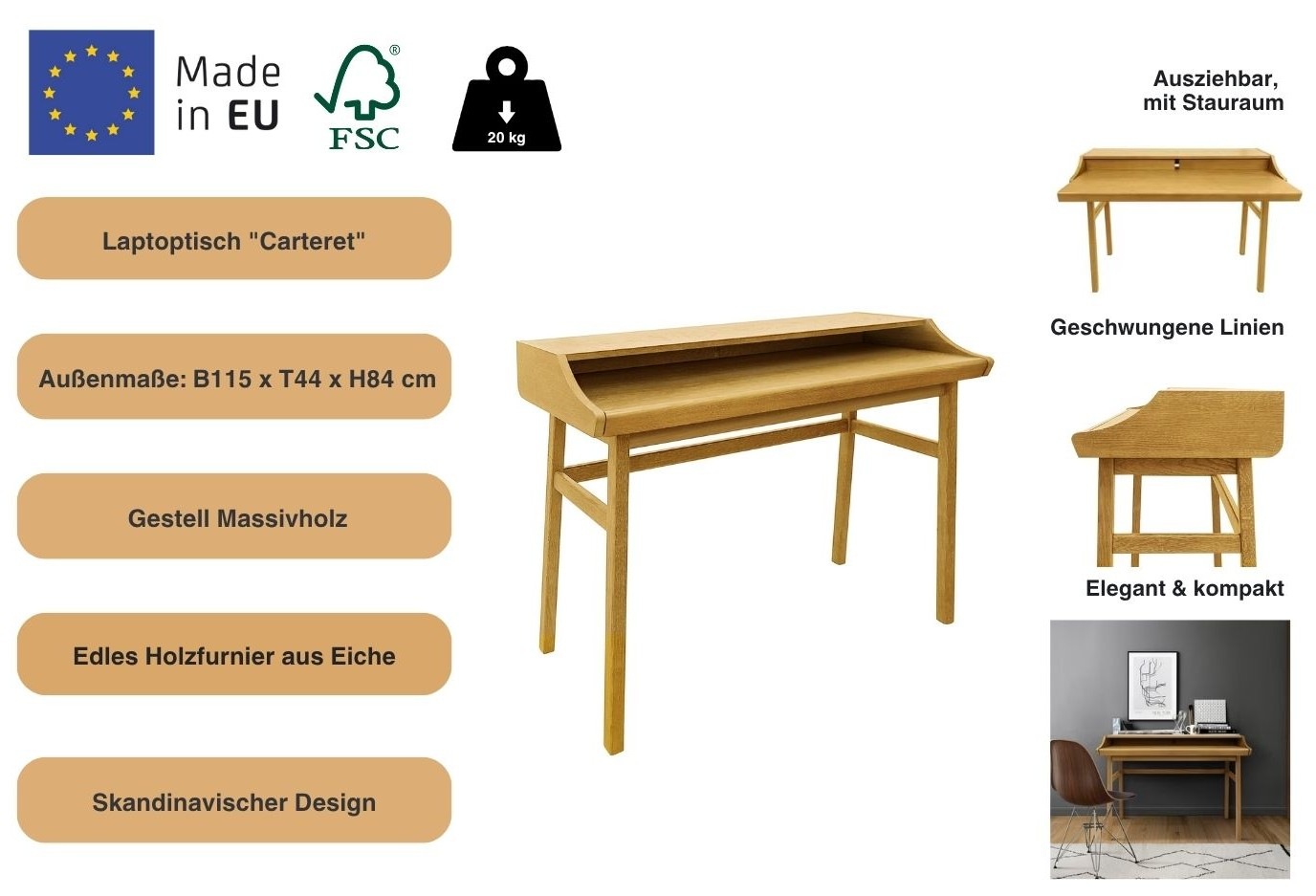 Woodman Schreibtisch »Carteret«, edles Holzfurnier aus Eiche, Gestell Massivholz, Breite 115 cm