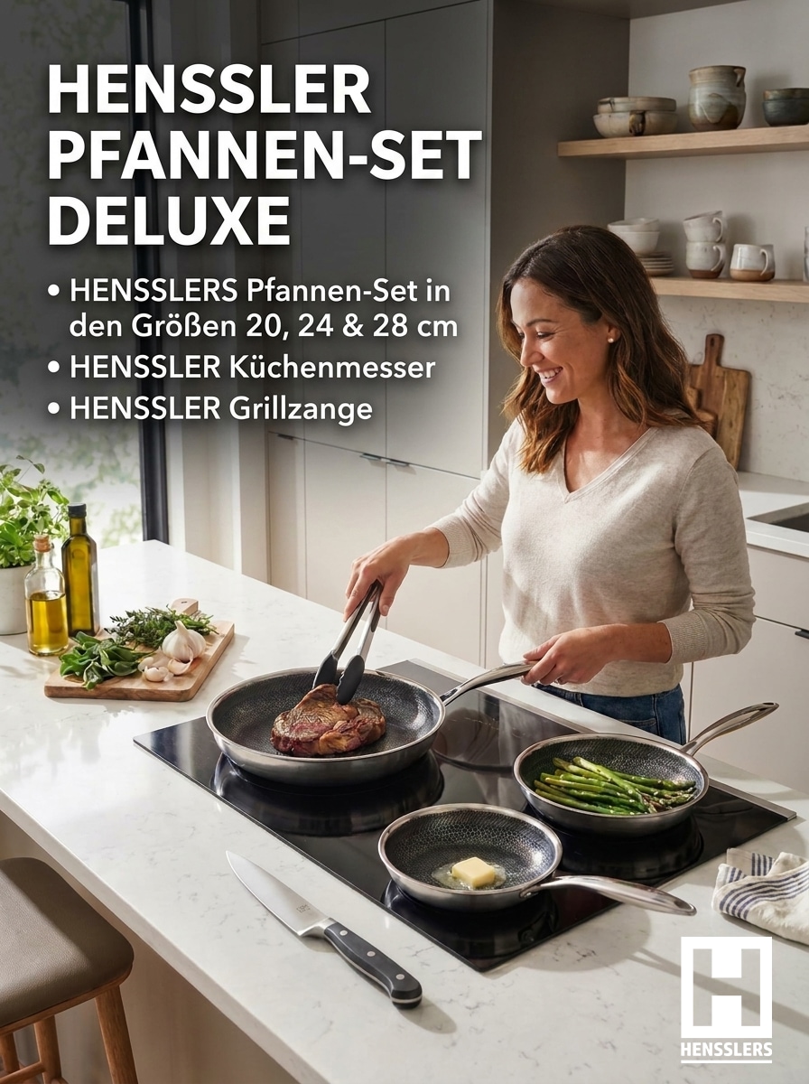 HENSSLERS Pfannen-Set "Premium (20, 24 & 28 cm) Deluxe, 5tlg. Inkl. Grillzange & Küchenmesser" Edelstahl Set, 5 tlg.