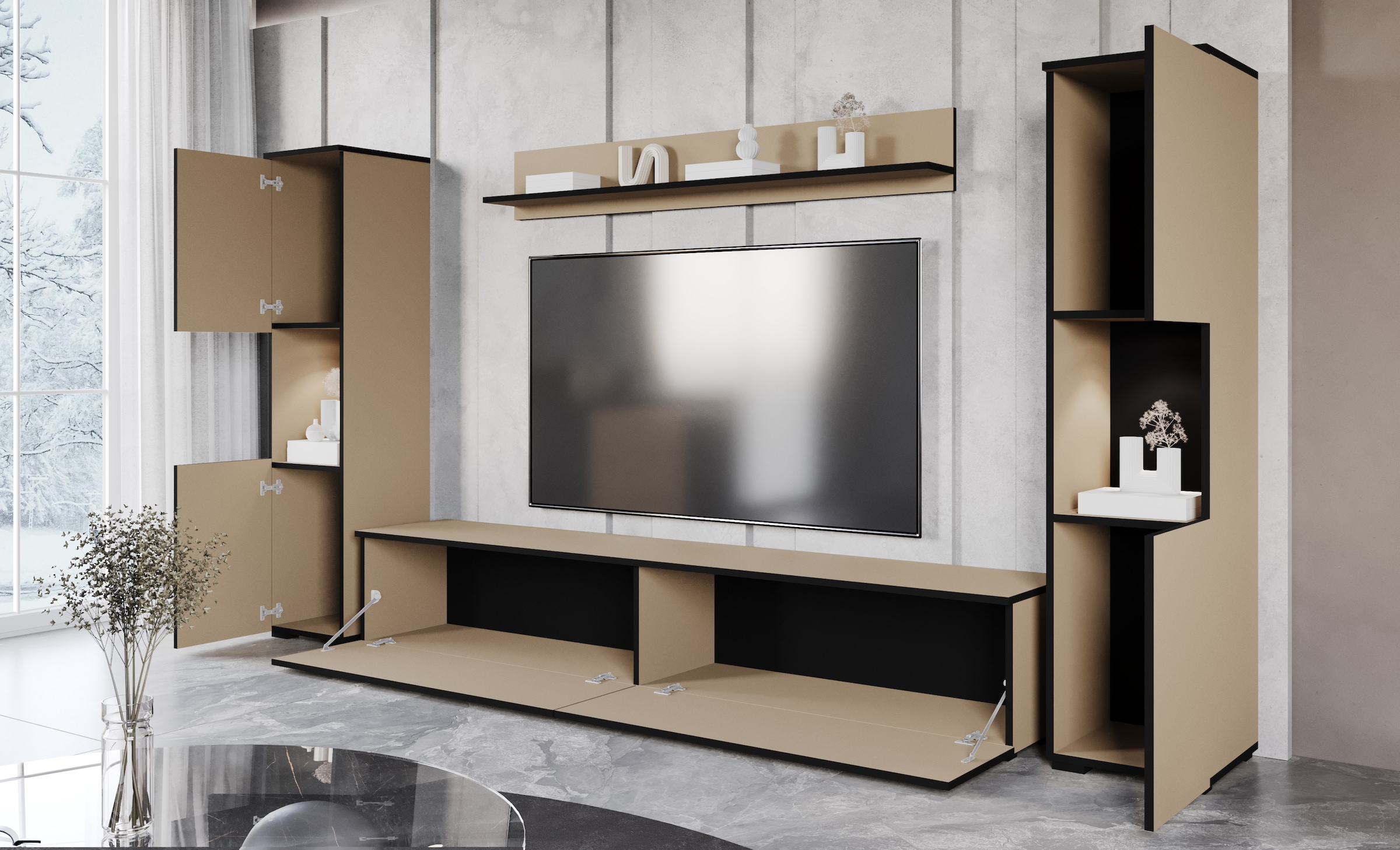 INOSIGN Wohnwand »PARIS, Vitrine Türanschlag links/rechts wechselbar«, (Komplett-Set, 4 St.), TV-Wand 260cm breite, grifflose Design, stehend und hängend montierbar