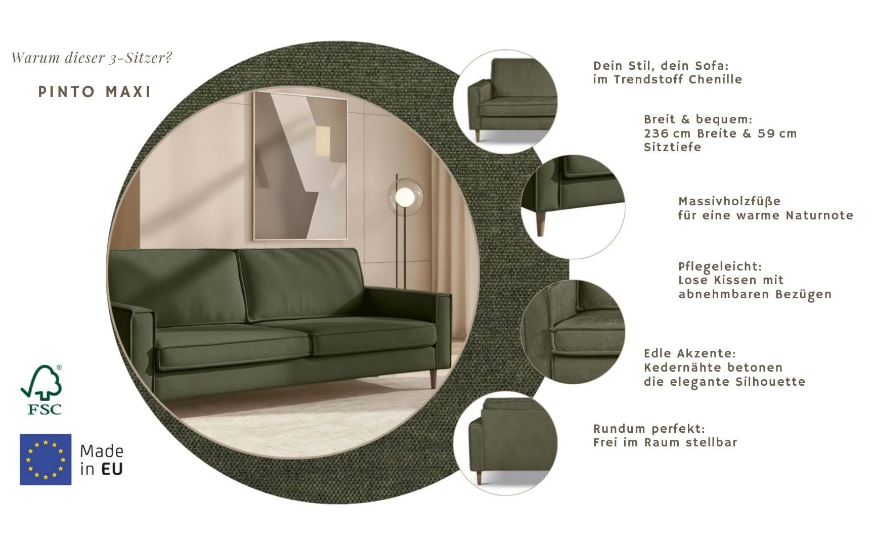 Thumbnail - Home affaire 3-Sitzer "Pinto Skandi,Maxi-Ausführung, 236 cm, Chenille, Struktur" mit Keder, Massivholzfüße Eiche geräuch...