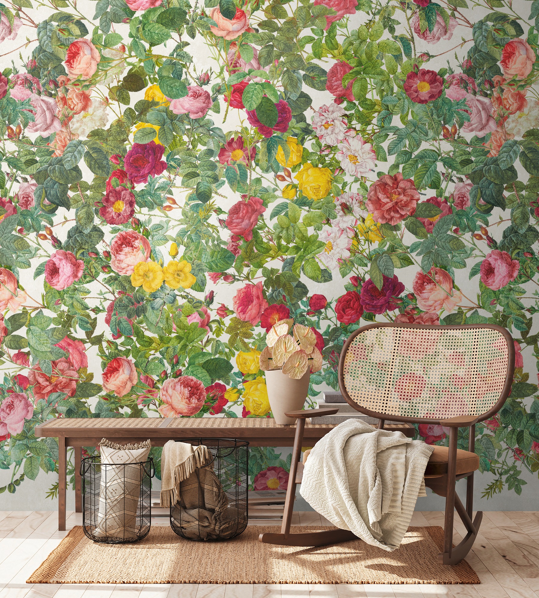 living walls Fototapete "THE WALL III florale Tapete Motivtapete Rosen Blattmotiv" matt glatt Vliestapete Blumenwand für Schlafzimmer Küche Wohnzimmer Floral Design