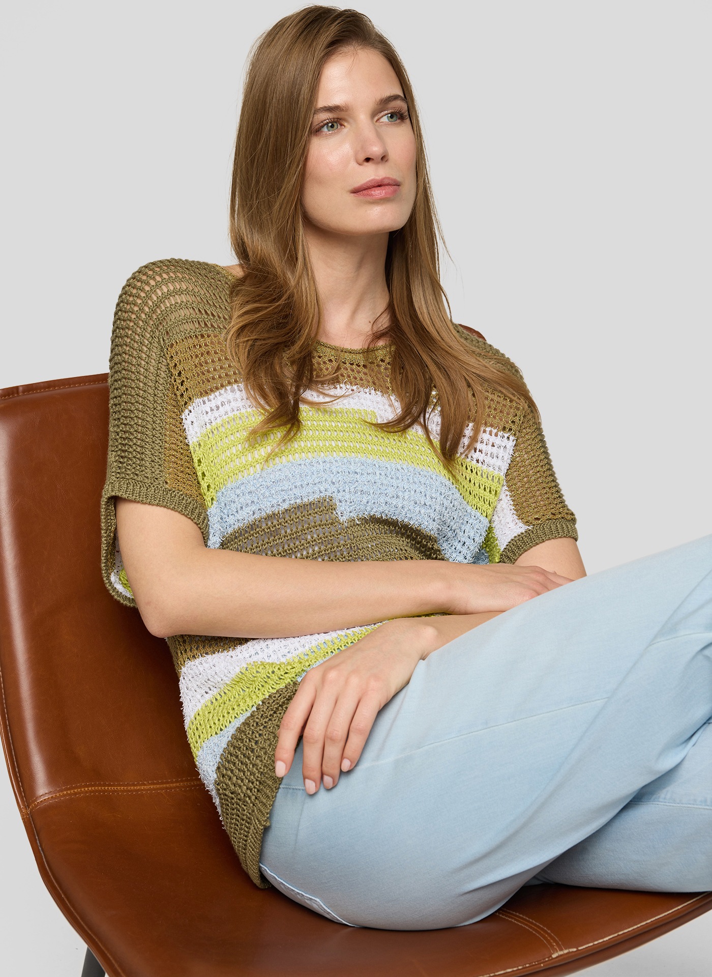 Rabe Strickpullover Halbarm mit Colorblocking-Streifen und im Häkel-Look