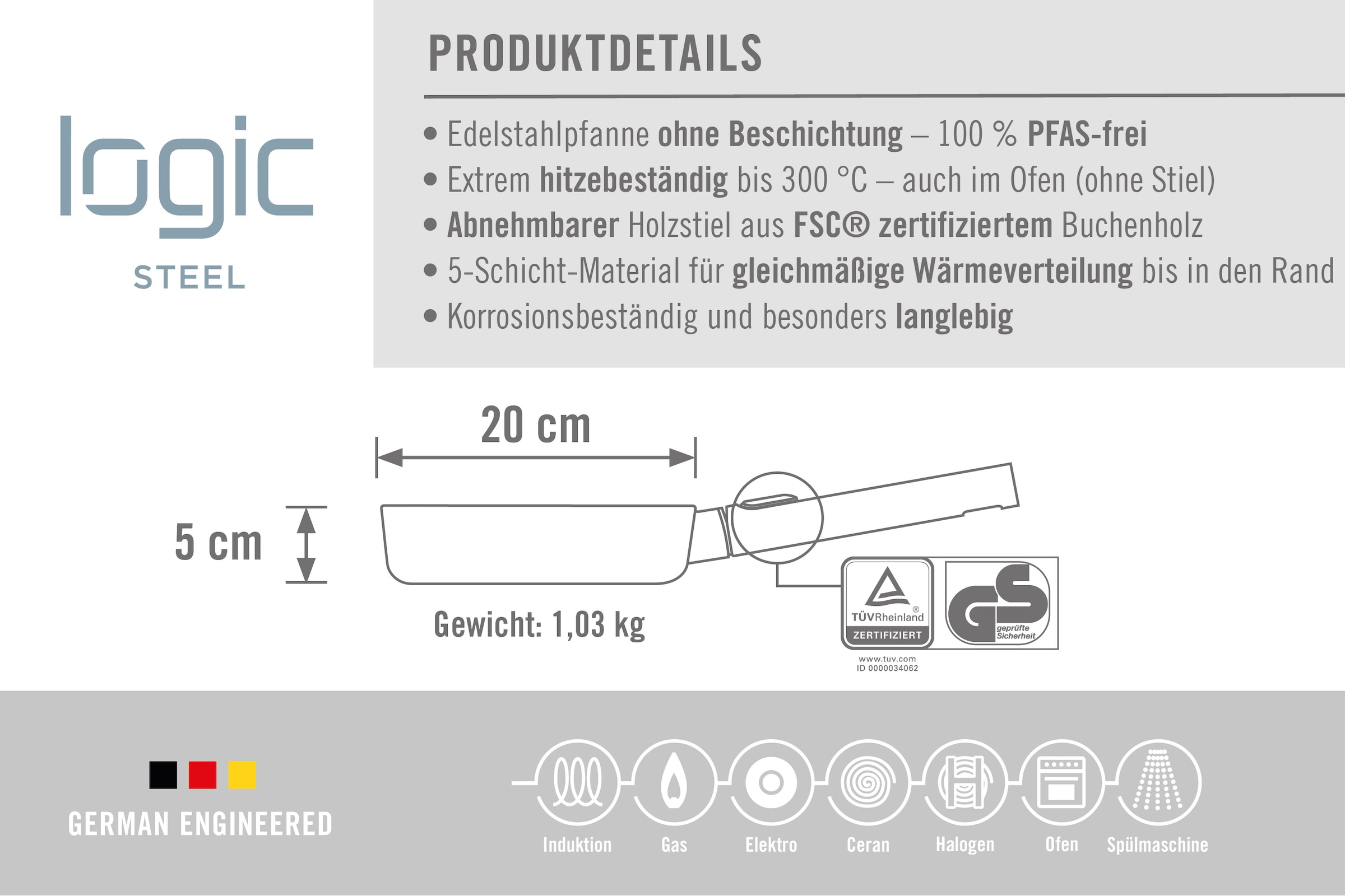 WOLL Bratpfanne »Logic Steel«, Edelstahl 18/10, (1 tlg.), 5-Schicht-Aufbau