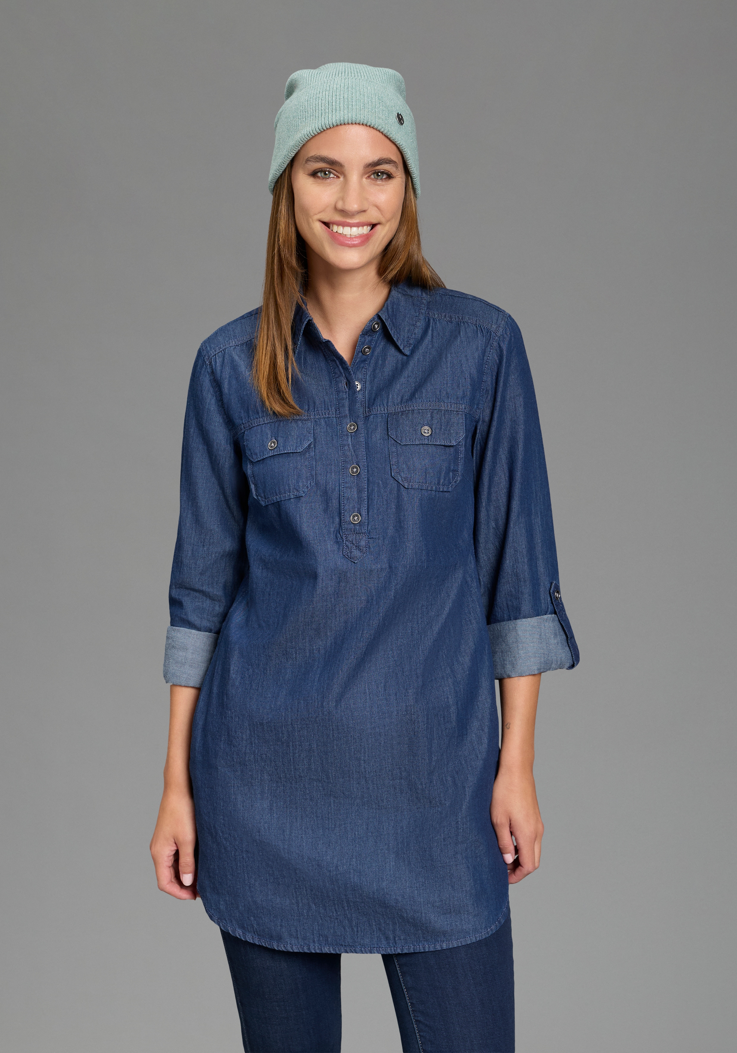 Arizona Jeansbluse "Krempelärmel mit Riegel" im Tunikastil