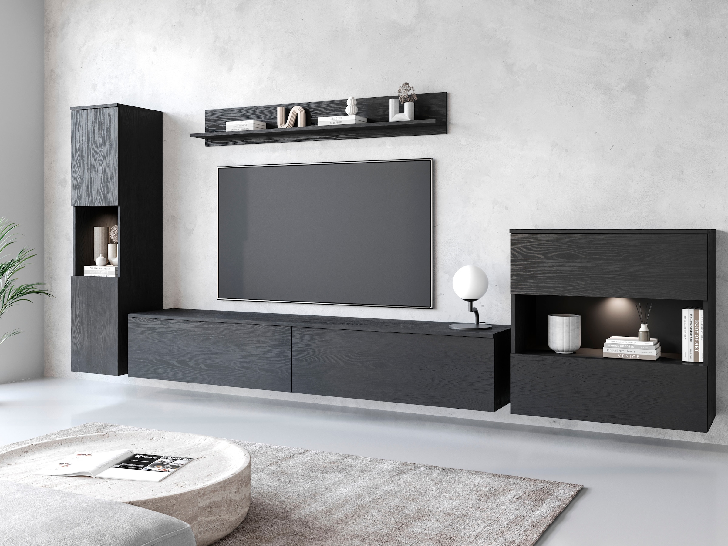 INOSIGN Wohnwand "PARIS", (Komplett-Set, 4 St.), TV-Wand 300cm breite, grifflose Design, stehend und hängend montierbar