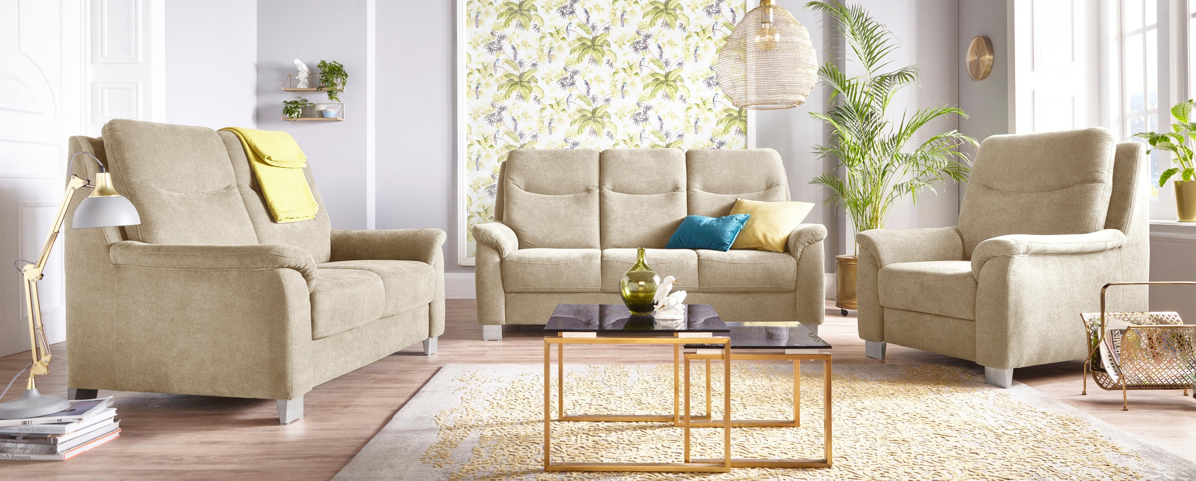 3-Sitzer SIT & MORE "Boccaccio", beige (creme), B:190cm H:104cm T:96cm, Flachgewebe (100% Polyester);Kunstleder SOFTLUX;Luxus-Microfaser (90% Polyester, 10% Polyamid), Sofas, inklusive Federkern und Kopfteilverstellung 3