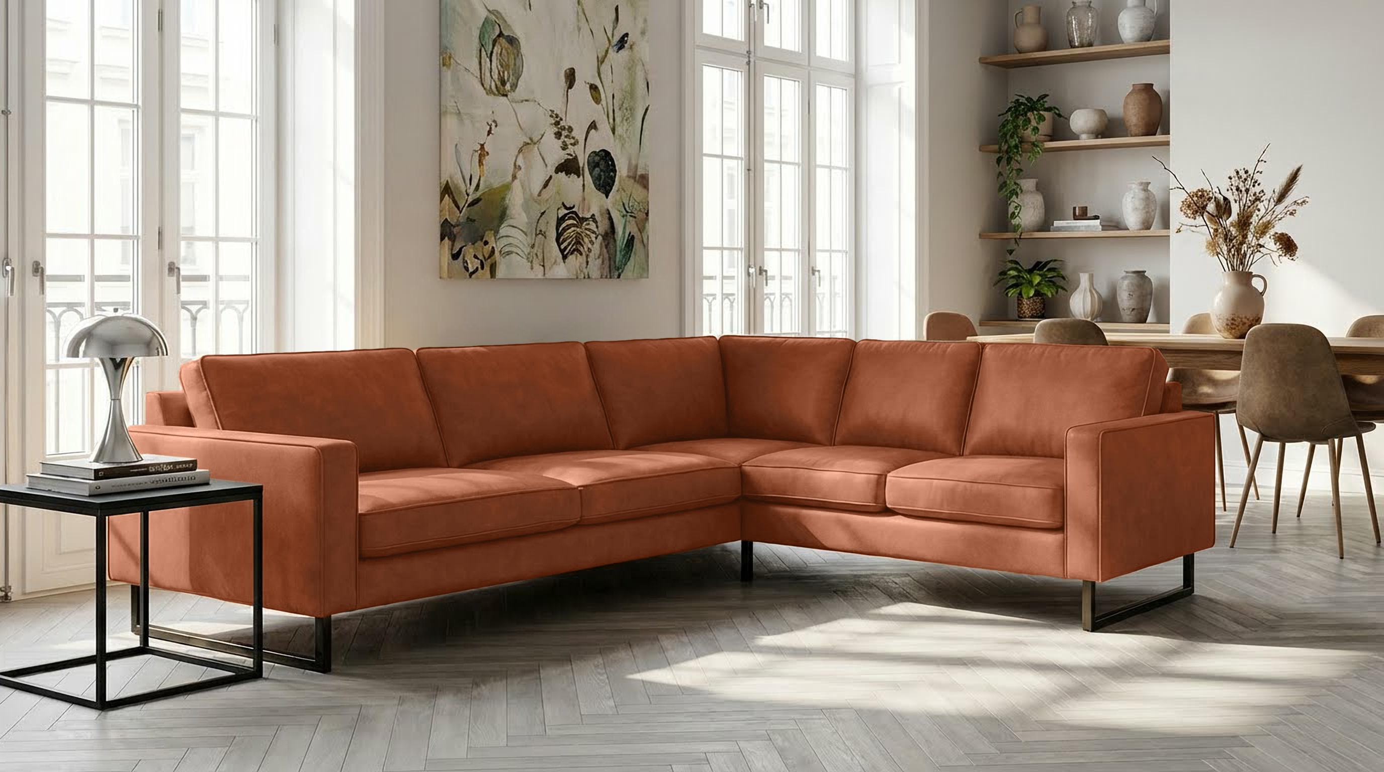 OTTO home Ecksofa "Pinto, XXL, 250/290 cm, langer Schenkel, Ottomane" Cord, Chenille, Lederoptik, mit Keder, Metallfüße, Wellenunterfederung