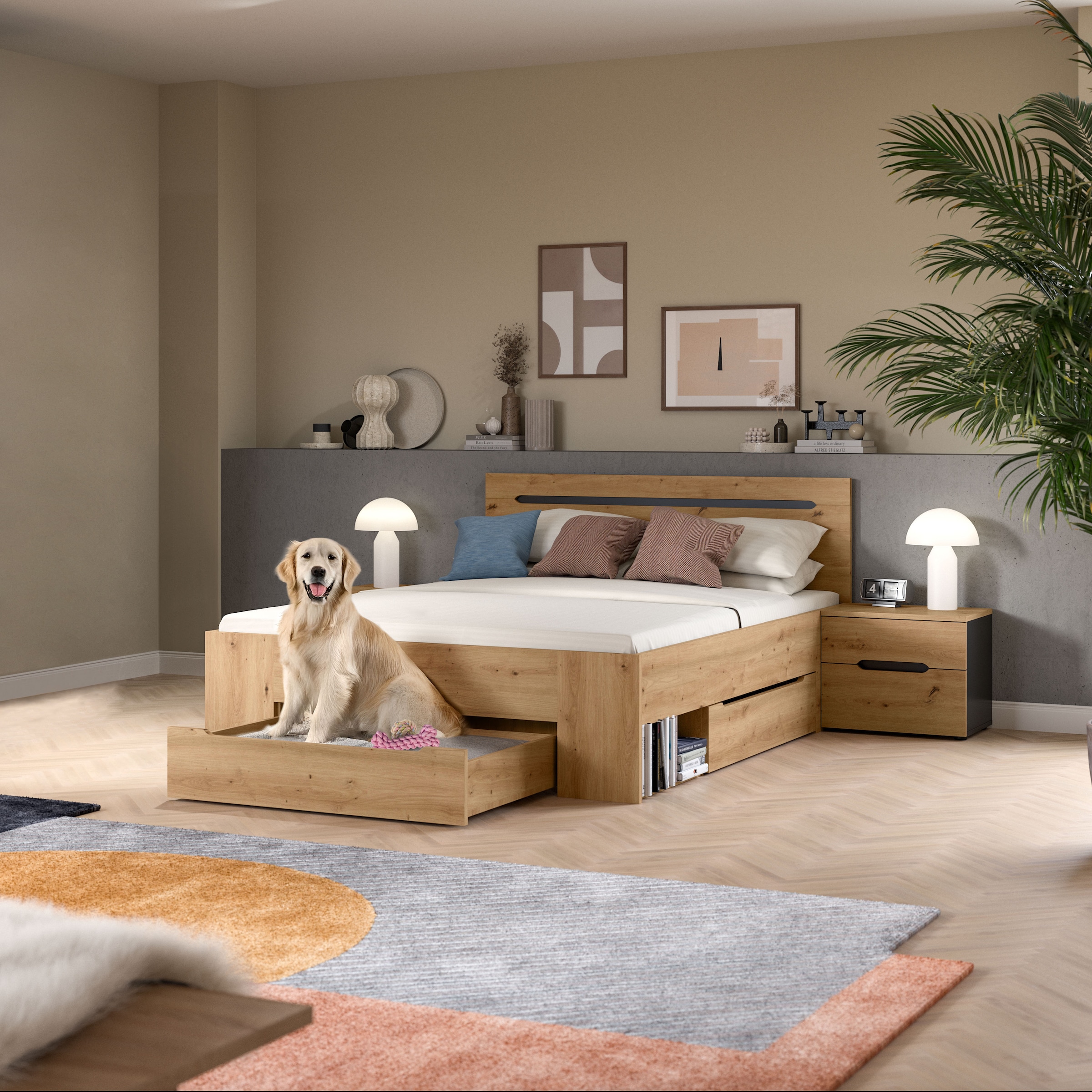 Home affaire Schlafzimmer-Set »REHAT, 3-teilig, bestehend aus: Stauraumbett & 2x Nachtkommode« TOPSELLER!, für Matratzengröße 140x200 cm, viel Stauraum, 3 Stk. tlg. Rehat, Schlafzimmerset, Bett 140x200 cm, 2 Nachttische