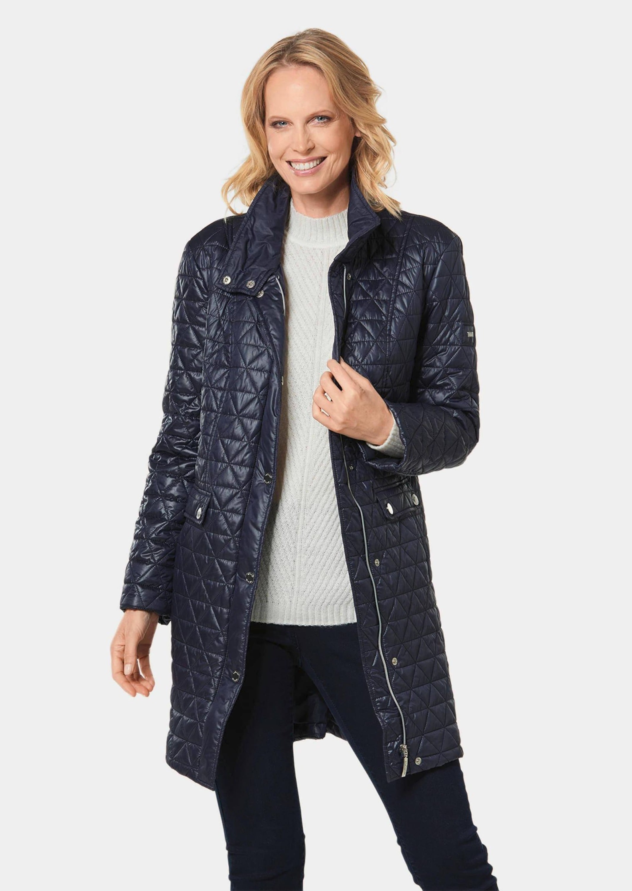 Langmantel GOLDNER "Kurzgröße Stepp-Kurzmantel mit Stehkragen", Damen, Gr. 19, blau (marine), Obermaterial: 100% Polyester PES., figurumspielend, mit Aufschlag, Mäntel, Aufwendiger Leichtstepp rundum 3