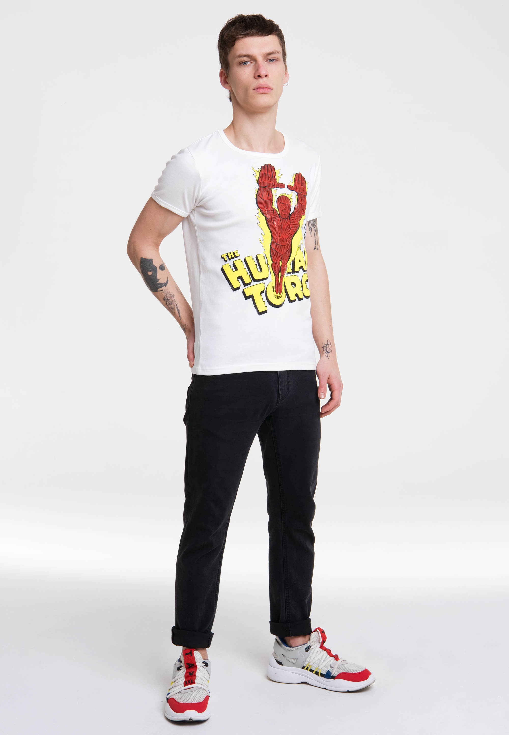 LOGOSHIRT T-Shirt »Human Torch Flame On«, mit coolem Heldenmotiv