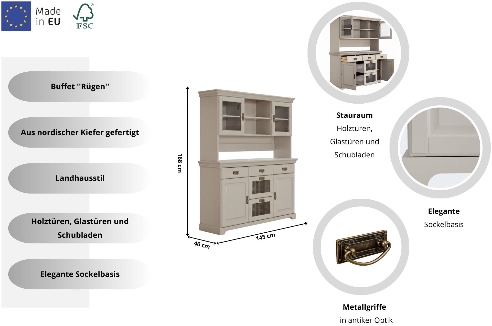 OTTO home Buffet »Rügen« FSC® zertifiziertes Massivholz, im Landhausstil