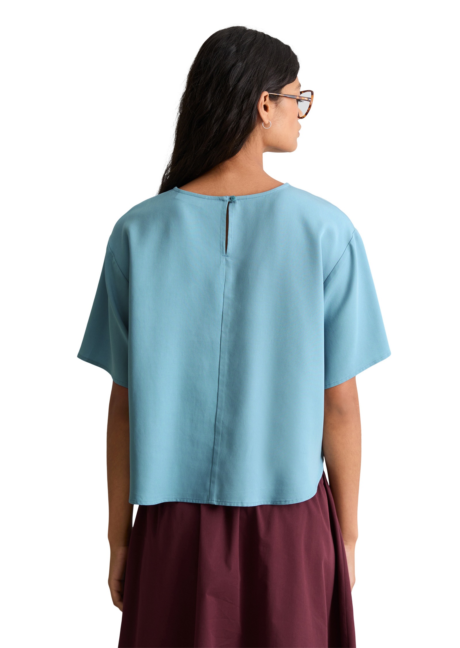 Kurzarmbluse MARC O'POLO DENIM "aus TENCEL™ Lyocell", Damen, Gr. L, blau dawn, Obermaterial: 100% Lyocell, unifarben, relaxed fit bauchfrei, Rückenausschnitt, normaler Saum, Blusen 2