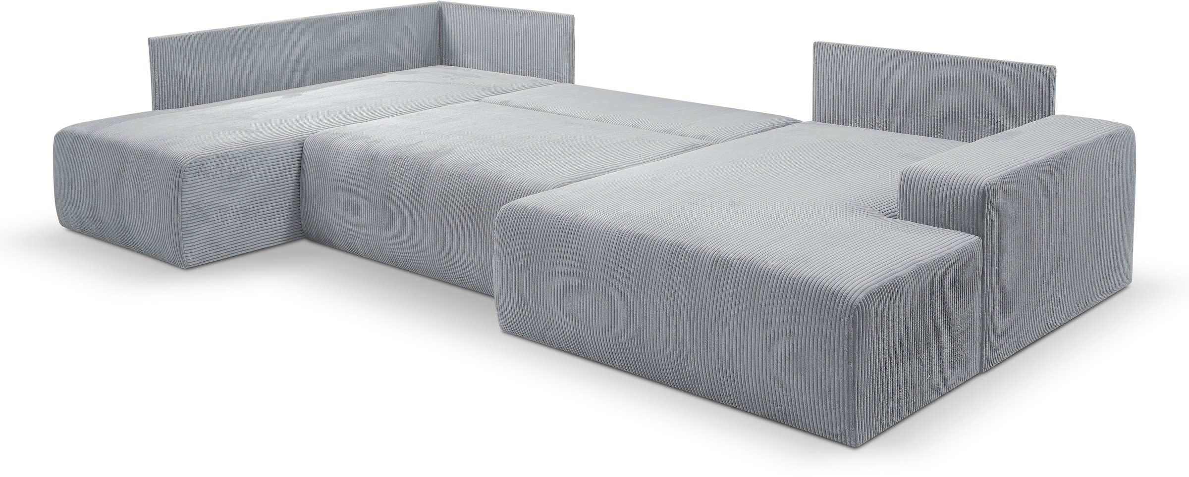 WERK2 Wohnlandschaft »Rotterdam-U, U-Form, in kuschelweichem Cord oder Breitcord«, Design Sofa mit Schlaffunktion & Bettkasten, Cord, Grau