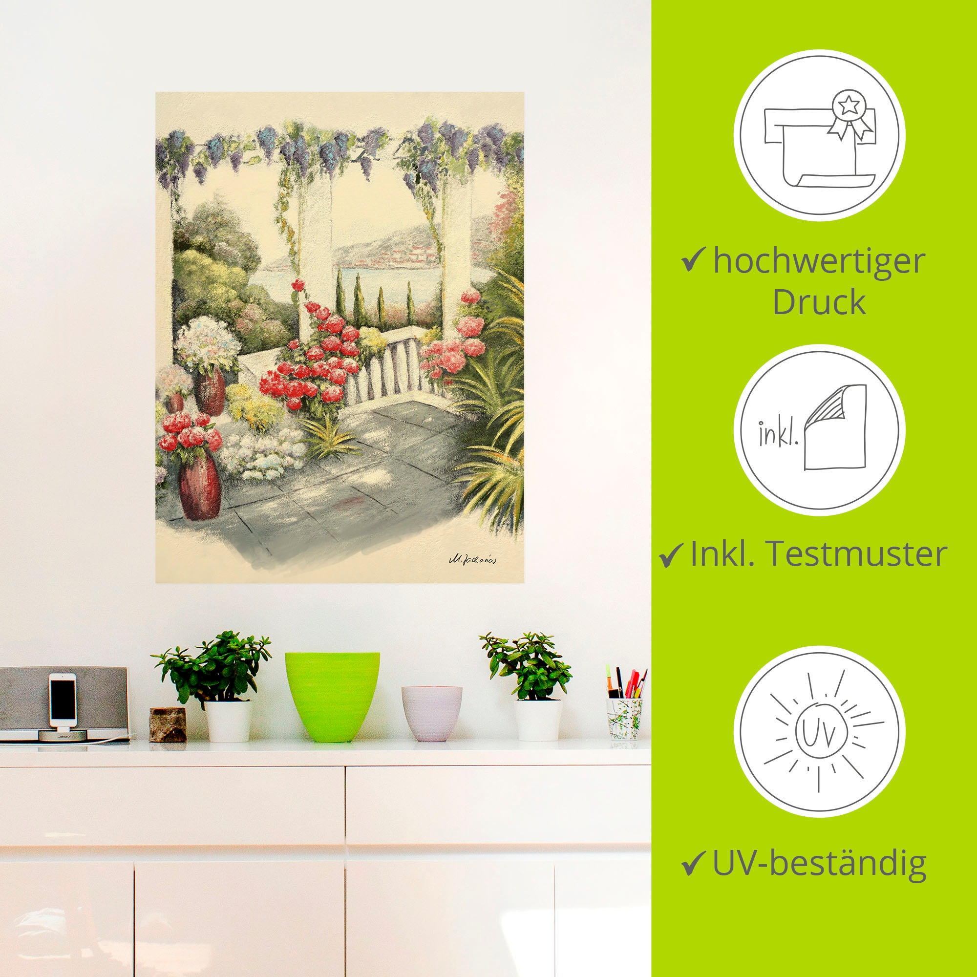 Artland Wandbild »Mediterrane Terrasse«, Fensterblick, (1 St.), als Alubild, Leinwandbild, Wandaufkleber oder Poster in versch. Größen