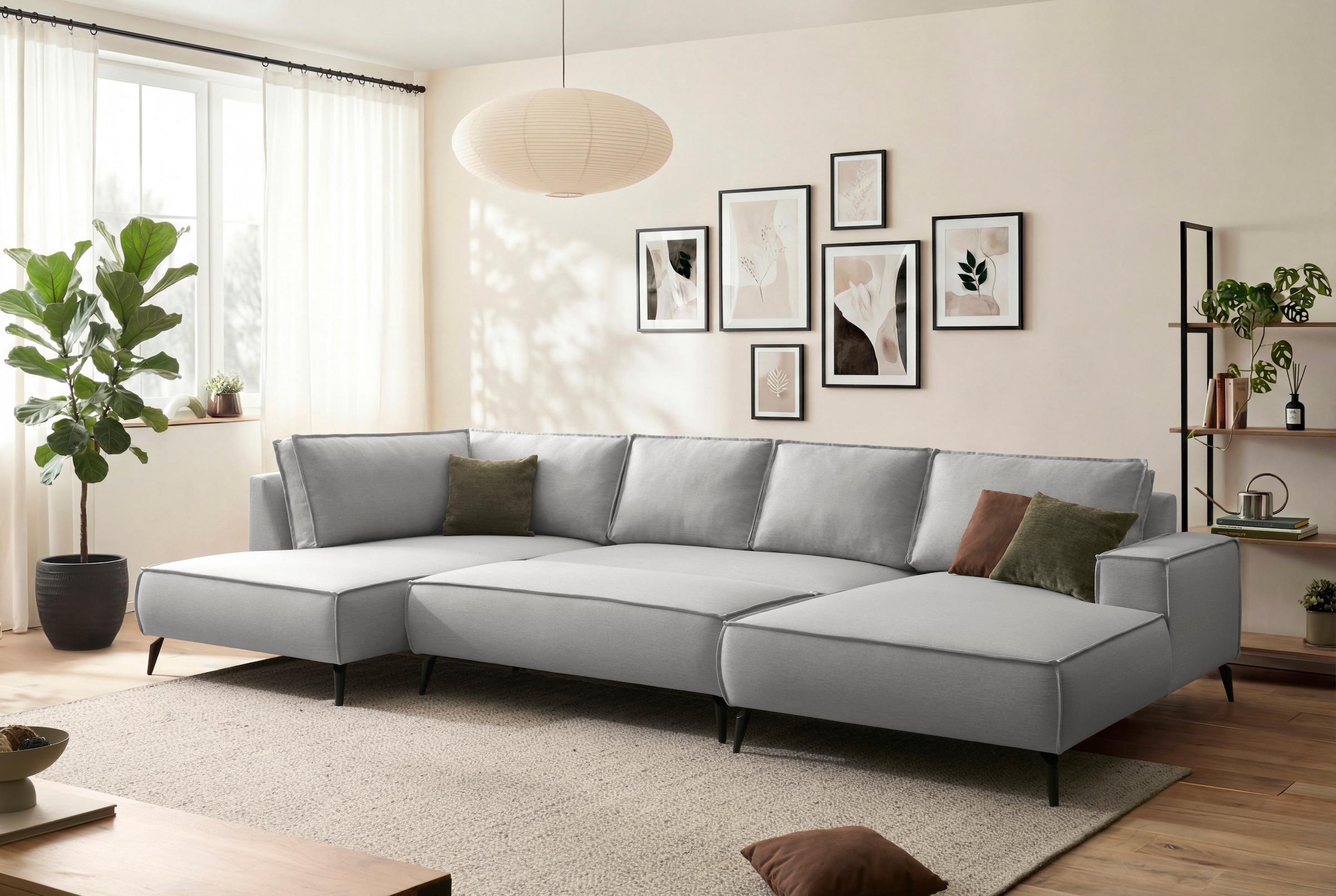 OTTO home Wohnlandschaft »TVINNU Leinenoptik, 354, mit Hocker« Recamiere rechts/links, stellbar zum Schlafsofa (Krokodilverbinder)