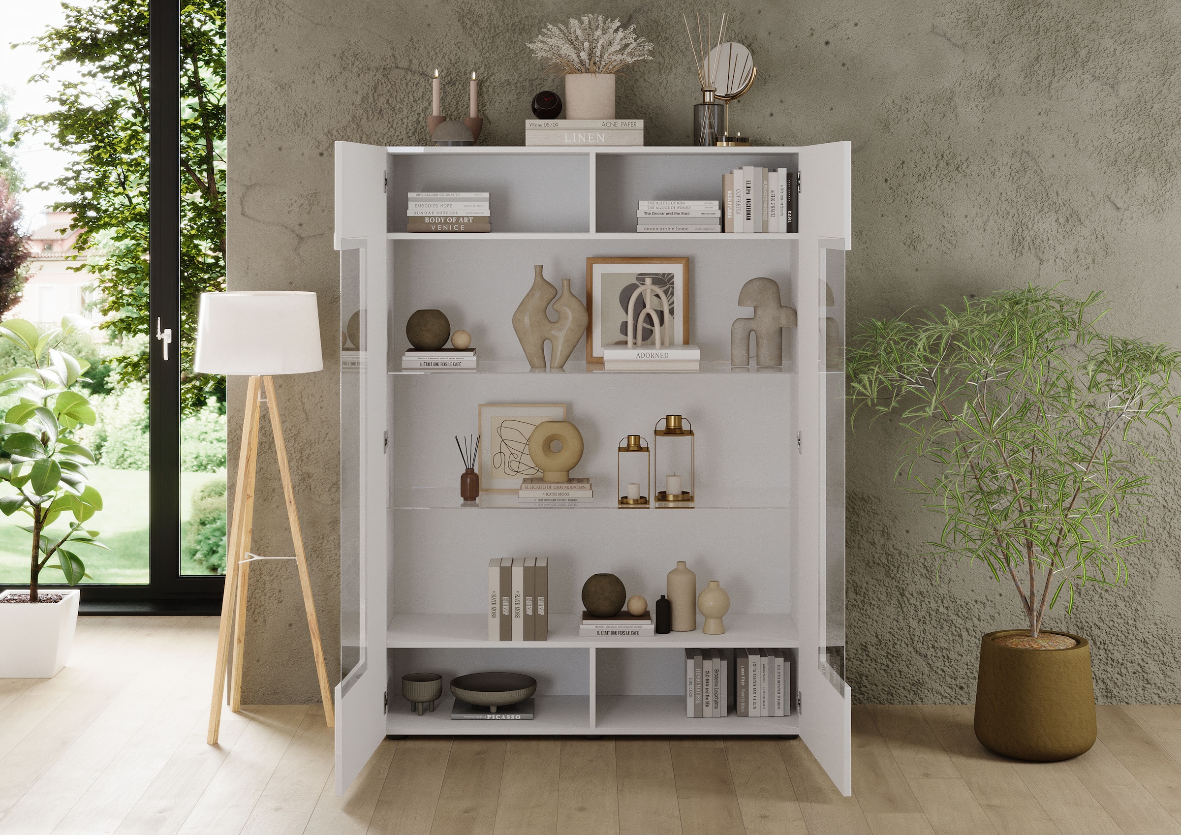 INOSIGN Vitrine »RIO, Höhe 166 cm, Hochschrank mit 2 Türen, Anrichte, Standvitrine«, geriffelte Front, modern u. elegant, viel Stauraum