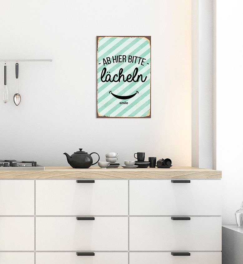queence Metallbild »Lächeln«, Schriftzüge-Schriftzug-Motivationsbilder, (1 St.), Stahlschild, Blechschild, Sprüche, Texte, Motivation