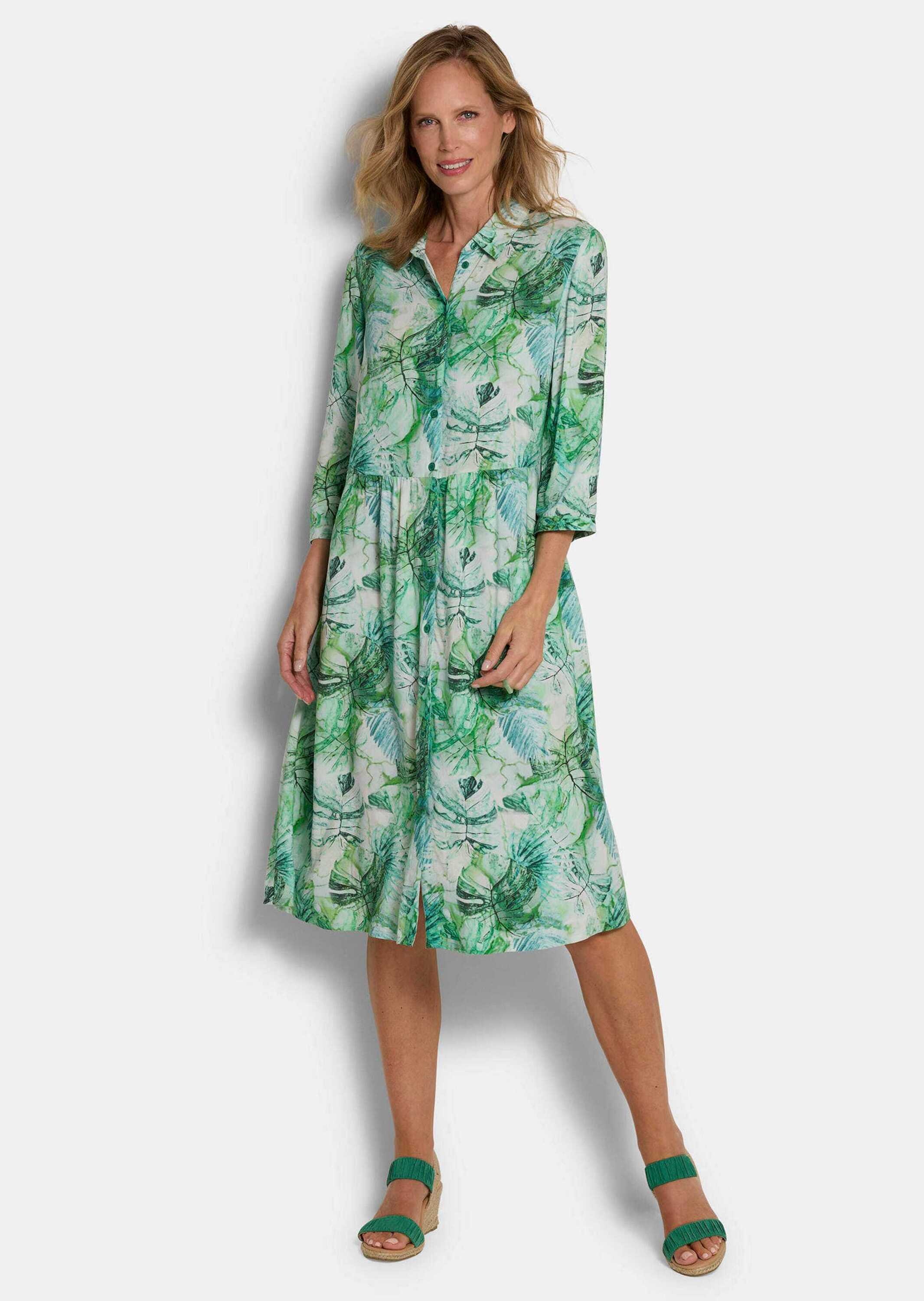 GOLDNER Druckkleid "Kurzgröße Midikleid mit Blätter-Druck" Taschen an der S günstig online kaufen