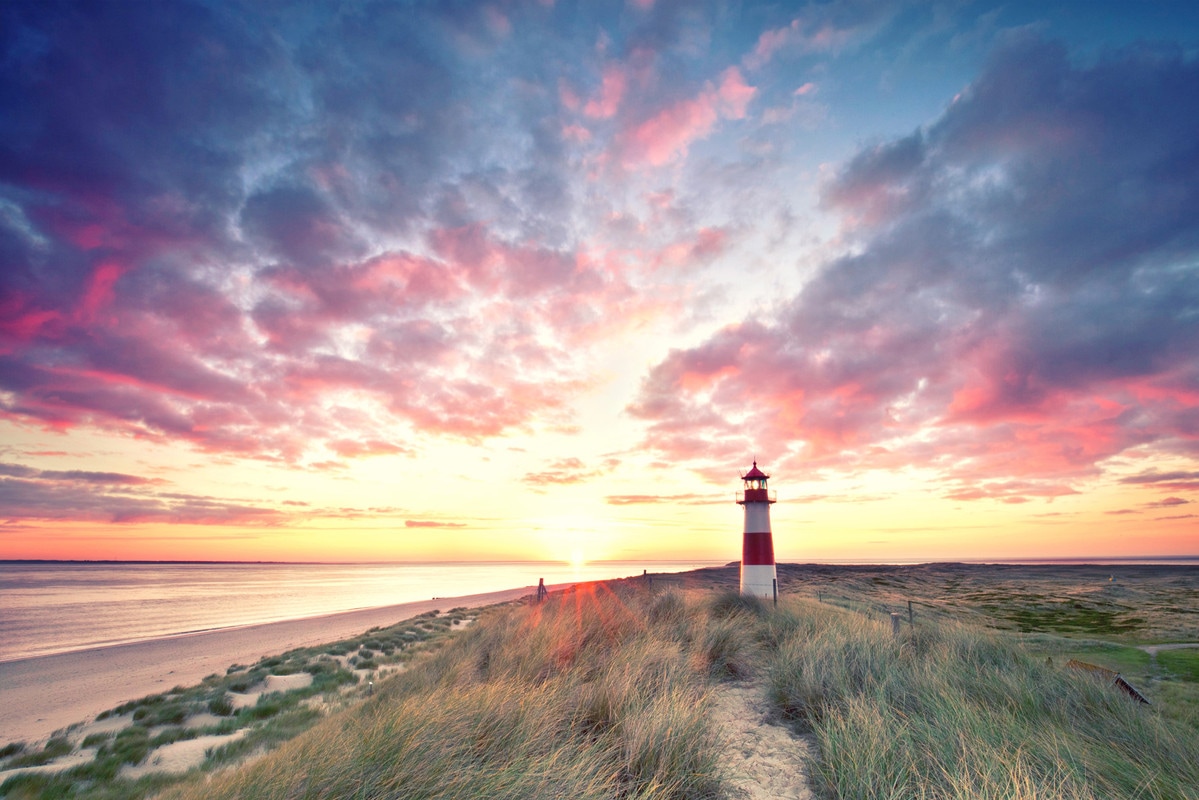 A.S. Création Vliestapete "Leuchtturm Sonnenuntergang Rosa Blau Fototapete" matt glatt