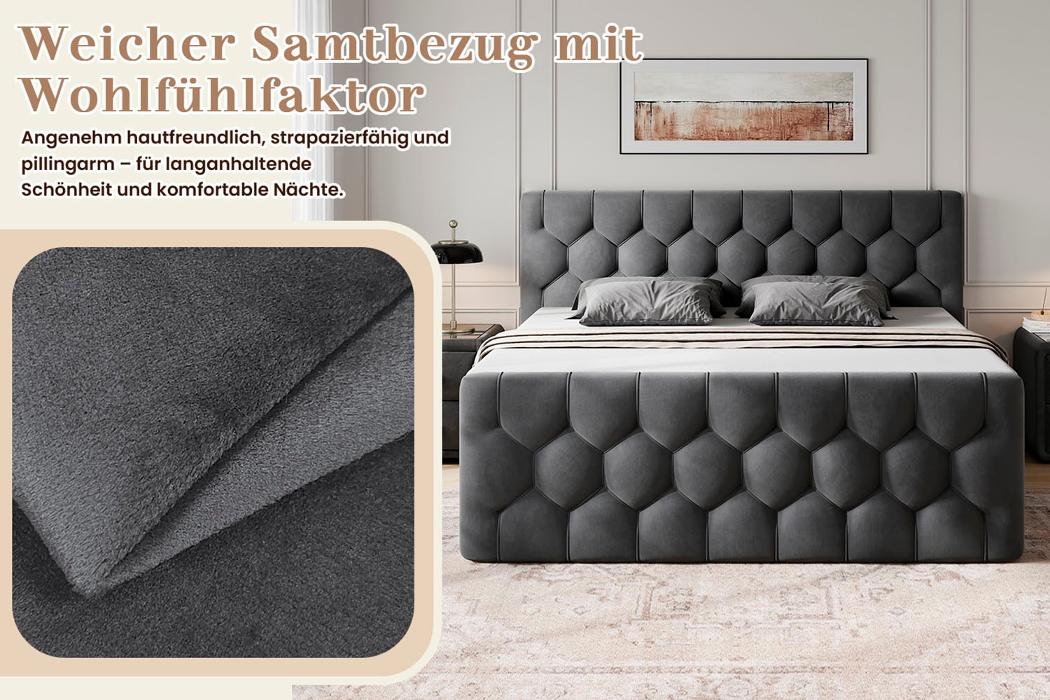 OTTO home Boxbett »BASILL, Polsterbett mit Bettkasten und Taschenfederkernmatratze H3« mit 7cm Komfortschaum-Topper, Samt-Bezug, 180x200cm