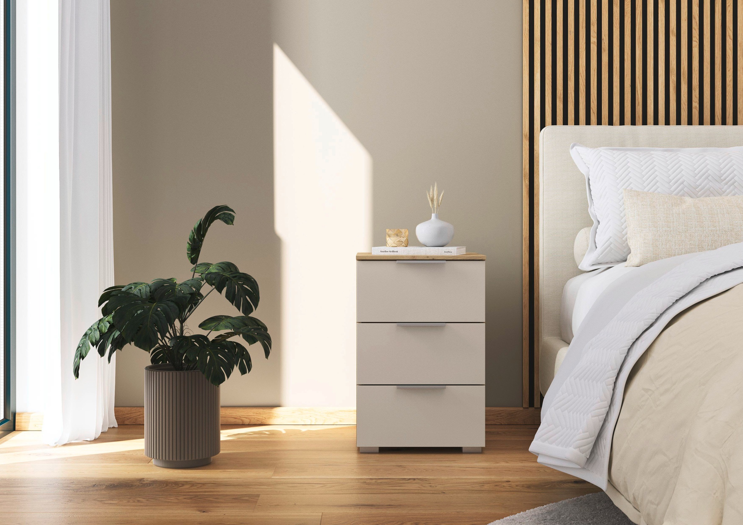 OTTO home Nachtkommode »Nachttisch Nachtkonsole AGORDO in Dekor- oder Hochglanzfront« in zwei Griff-Farben, Breite 40 cm,  mit 3 geräumigen Schubladen für viel Stauraum MADE IN GERMANY