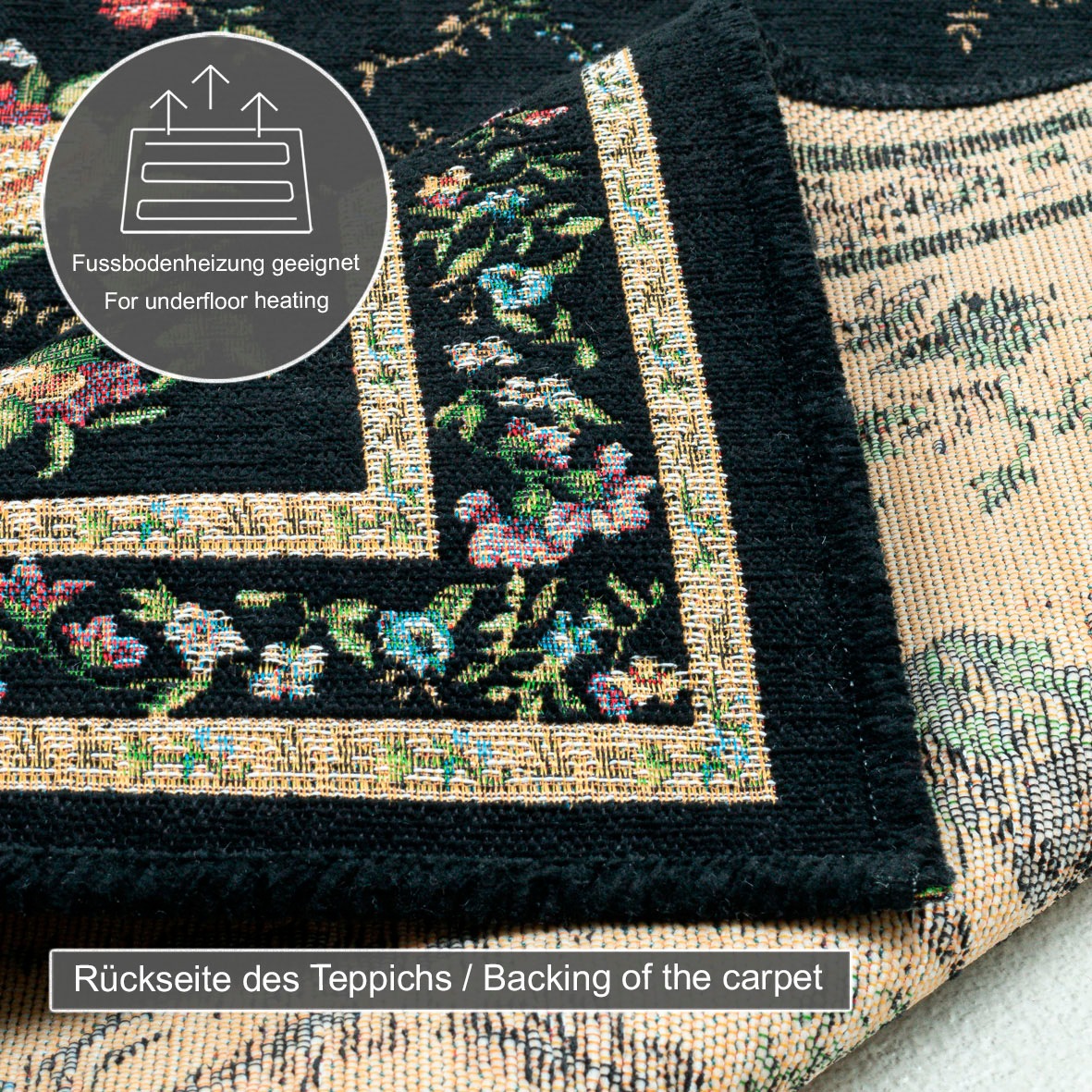 Teppich THEKO "Flomi Sagrini" Gr. 32, schwarz, B:140cm H:4mm L:200cm, Baumwolle, Kunstfaser, Teppiche, Teppich, Flachgewebe, Pastell-Farben, Blumen Design, mit Bordüre 3